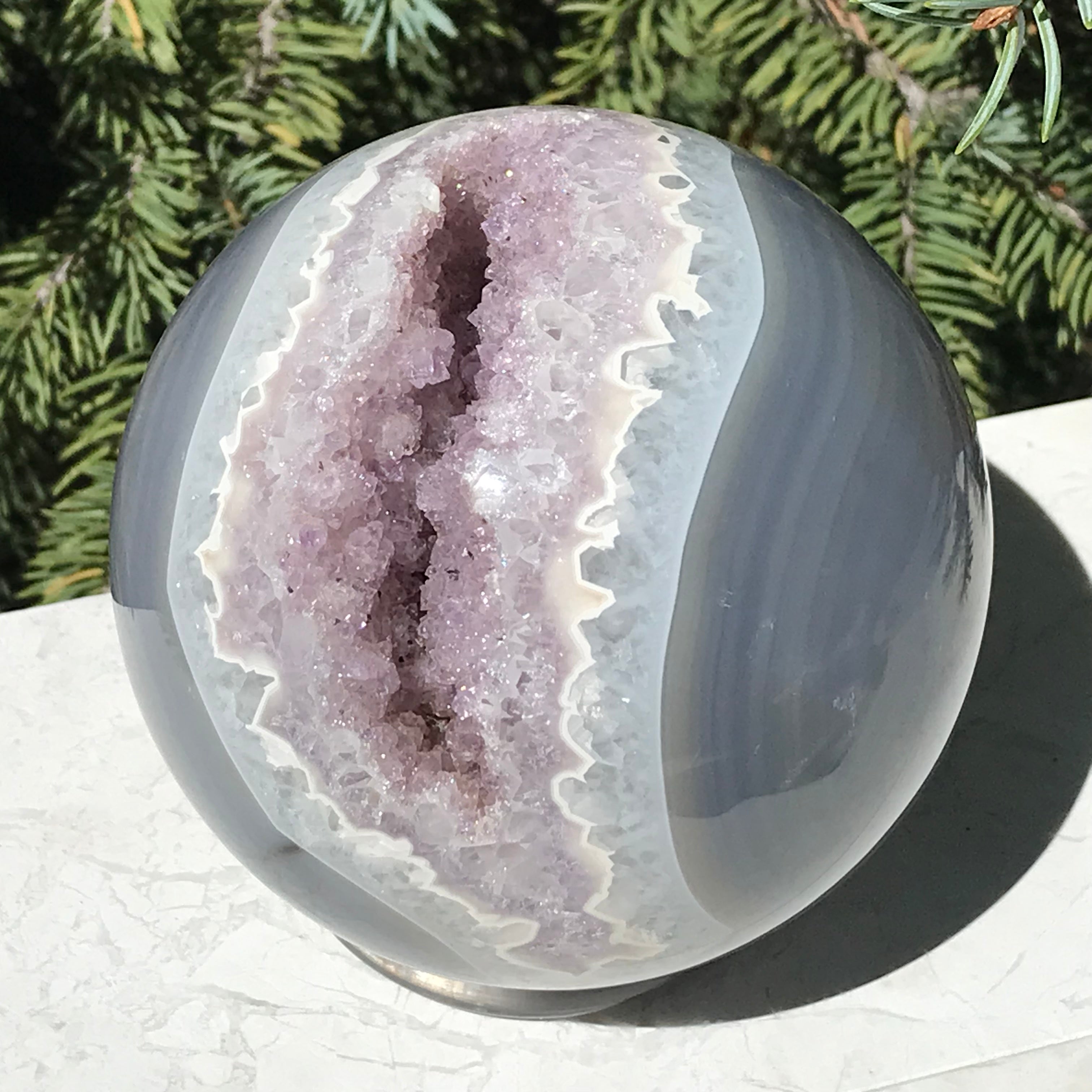 Scalloped Banded Agate and Amethyst Sphere