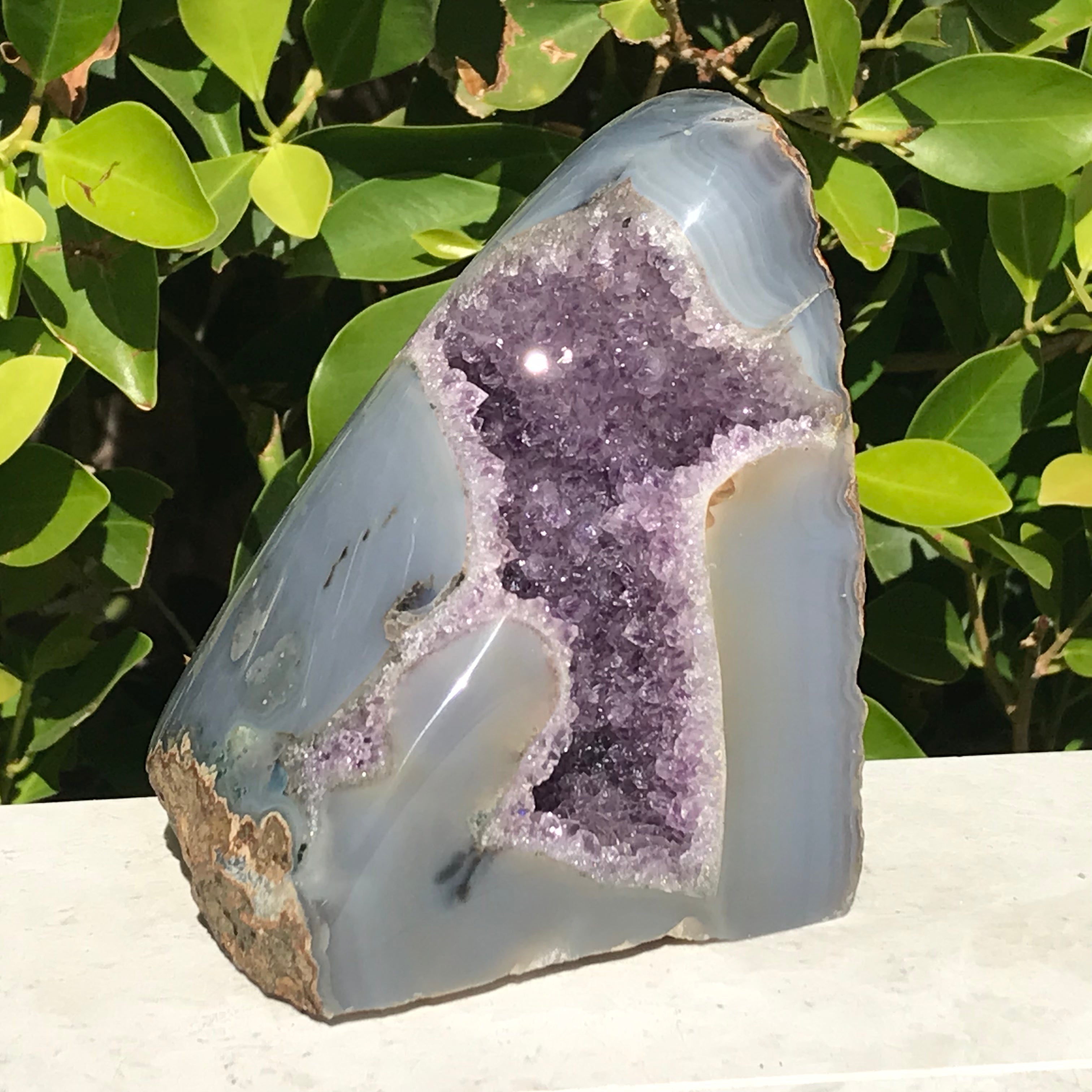 Polished Blue Agate with Amethyst Geode