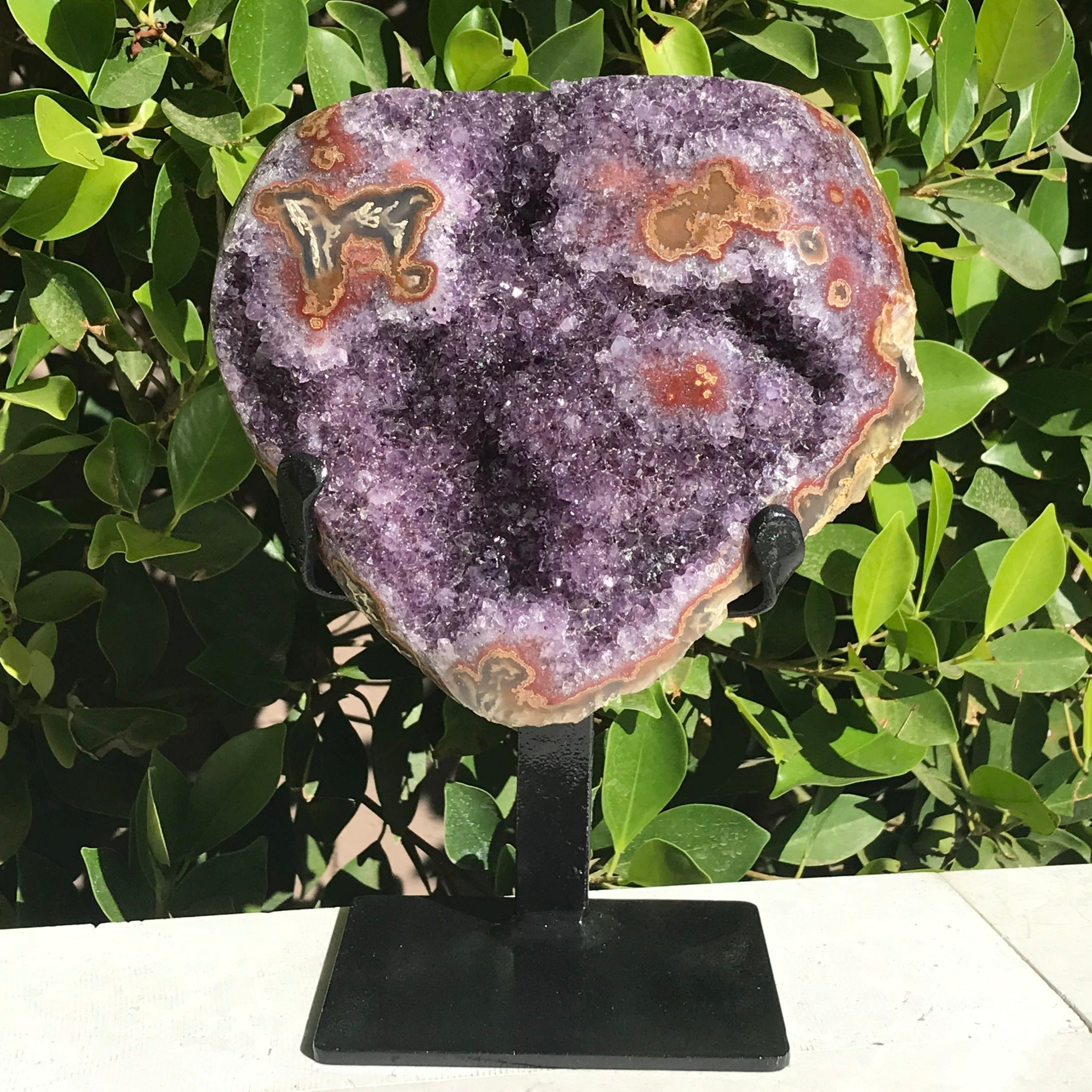 Ornate Red and Orange Agate Embellished Amethyst Plate