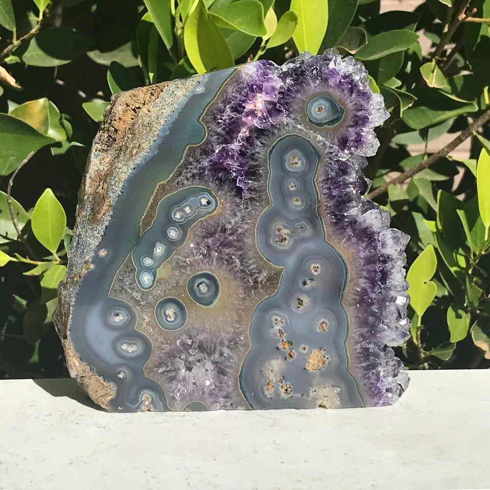 Clear Tipped Amethyst Crystal with Agate Slab