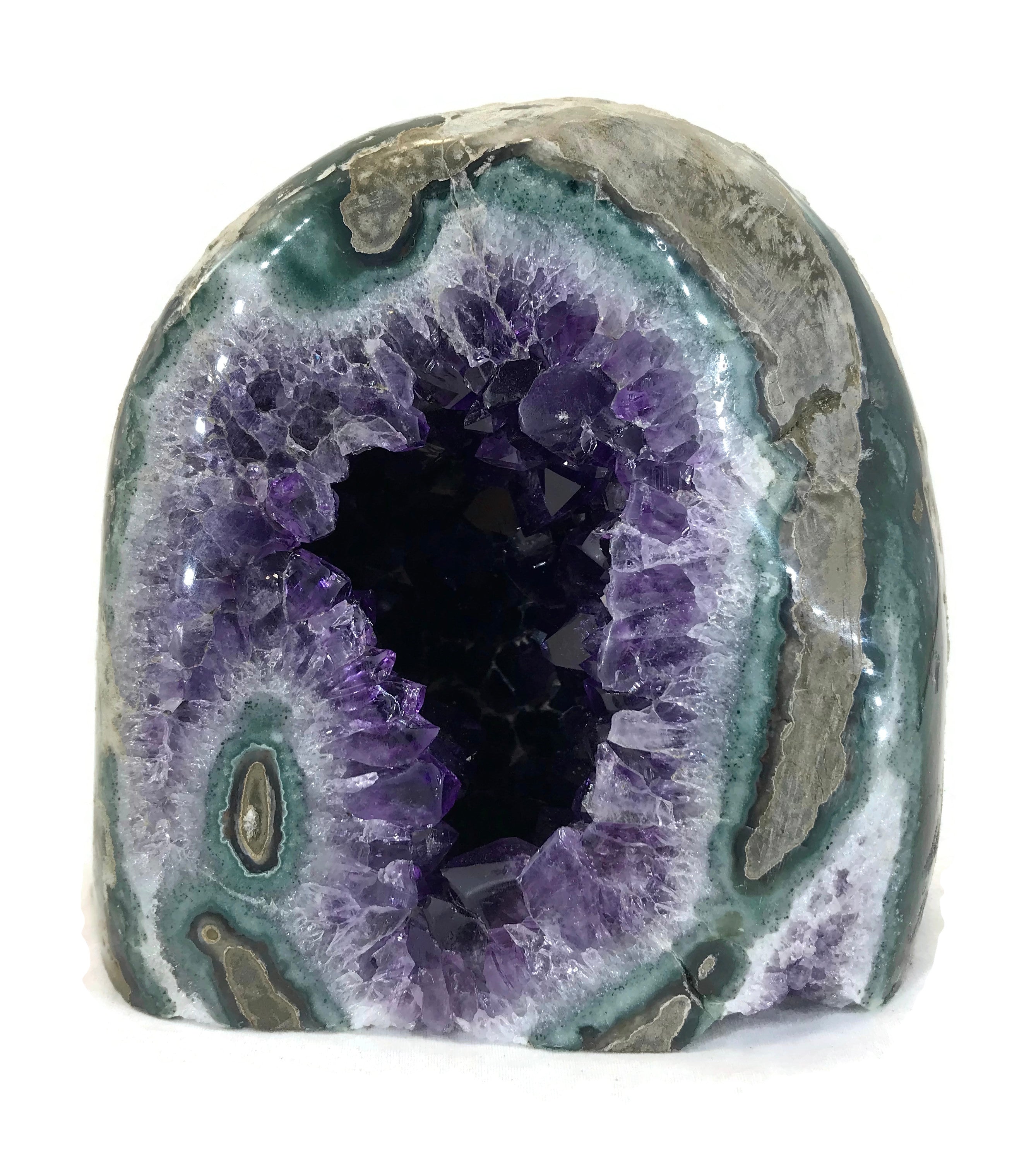 Green Banded Agate with Amethyst Crystals Geode