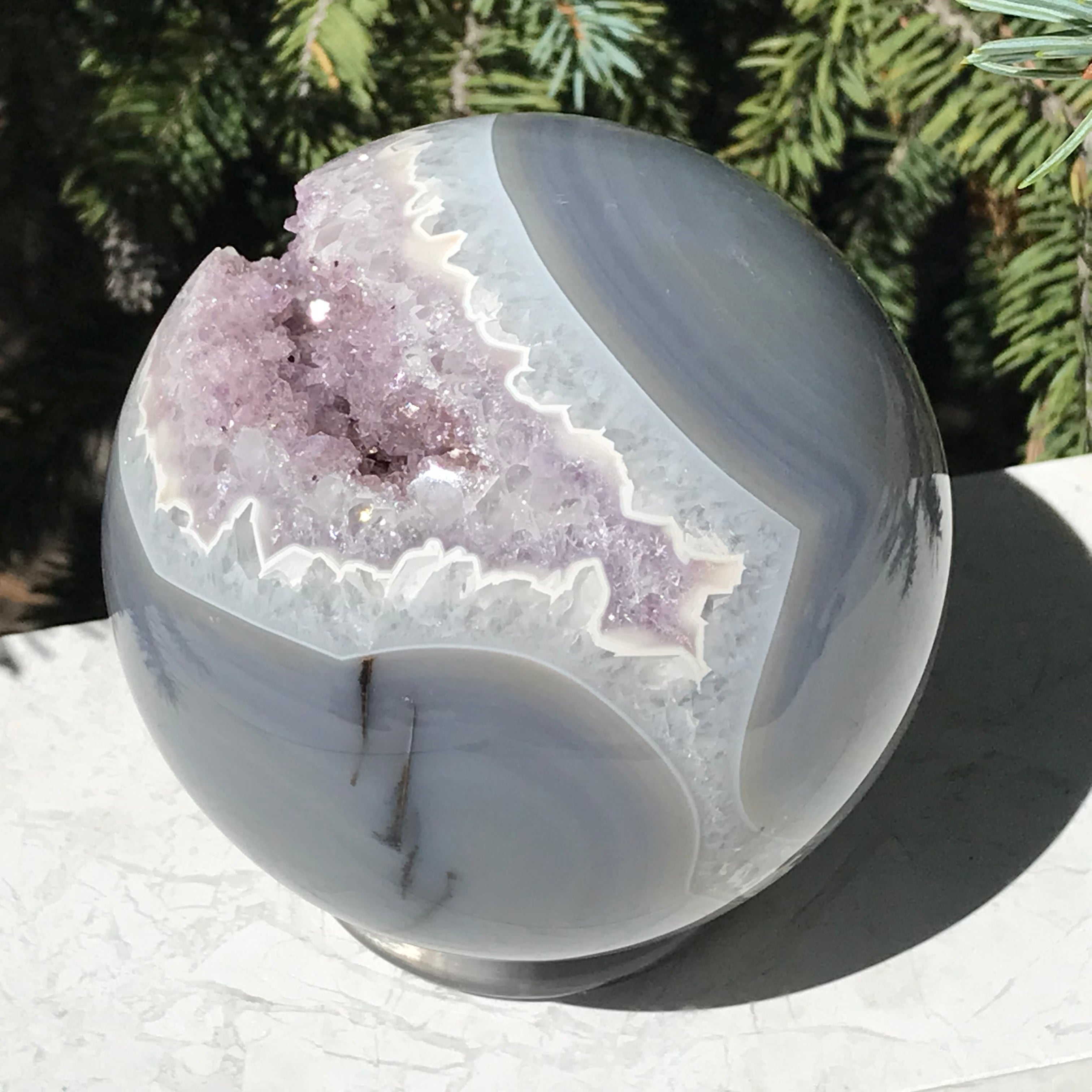 Scalloped Banded Agate and Amethyst Sphere