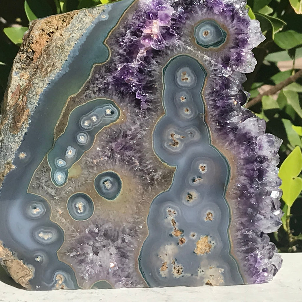 Clear Tipped Amethyst Crystal with Agate Slab