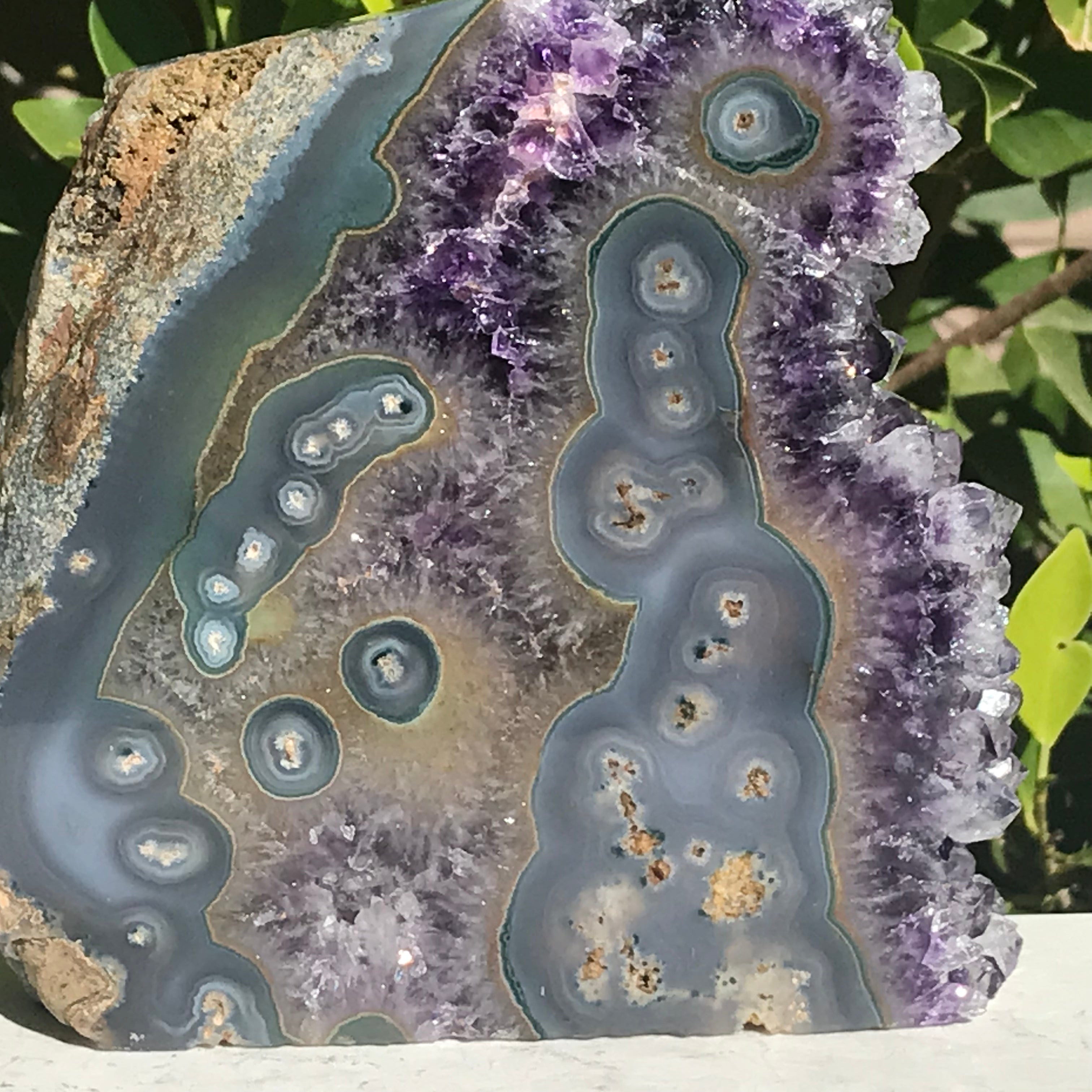 Clear Tipped Amethyst Crystal with Agate Slab