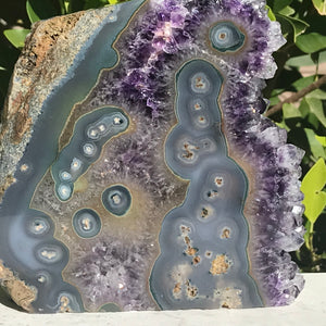 Clear Tipped Amethyst Crystal with Agate Slab