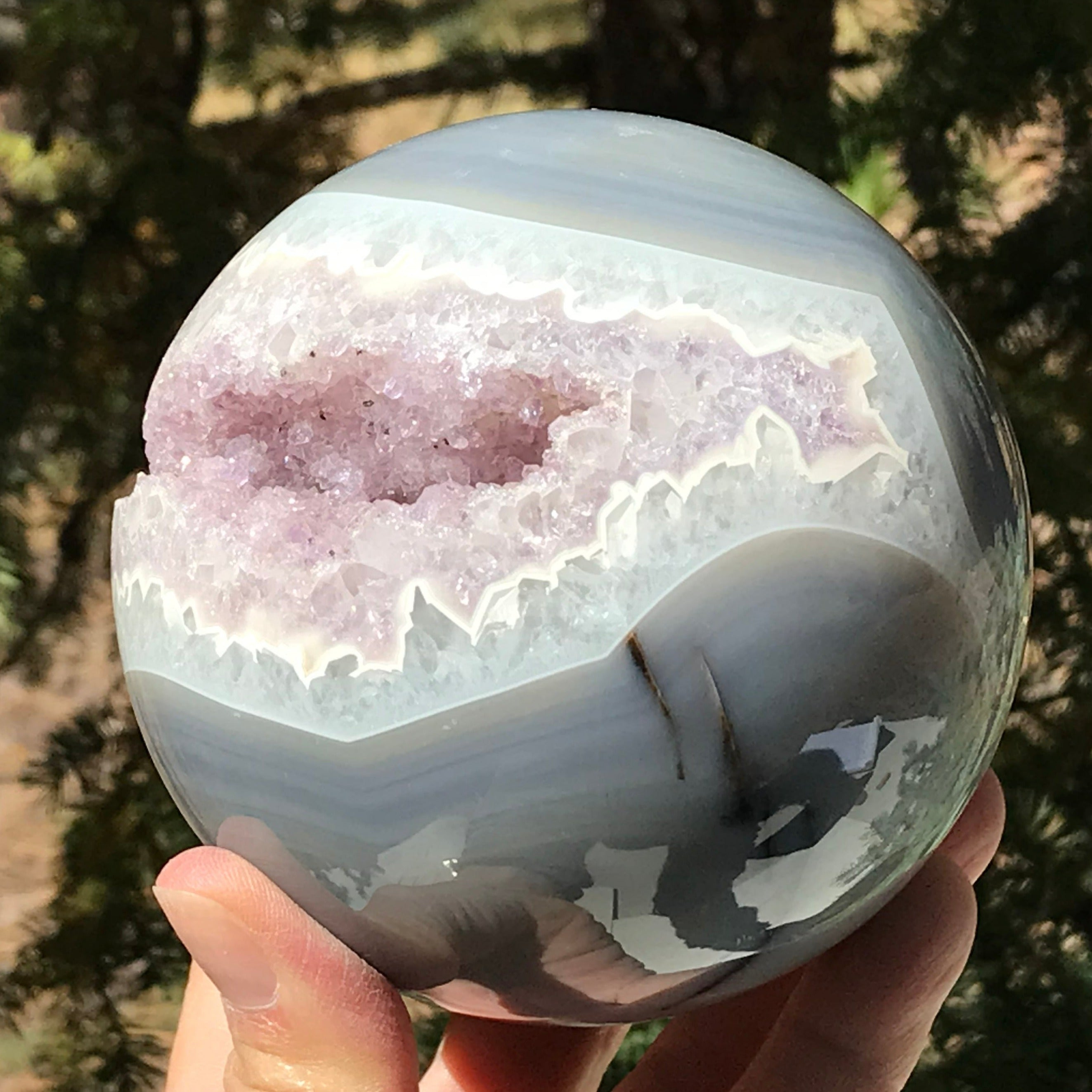Scalloped Banded Agate and Amethyst Sphere