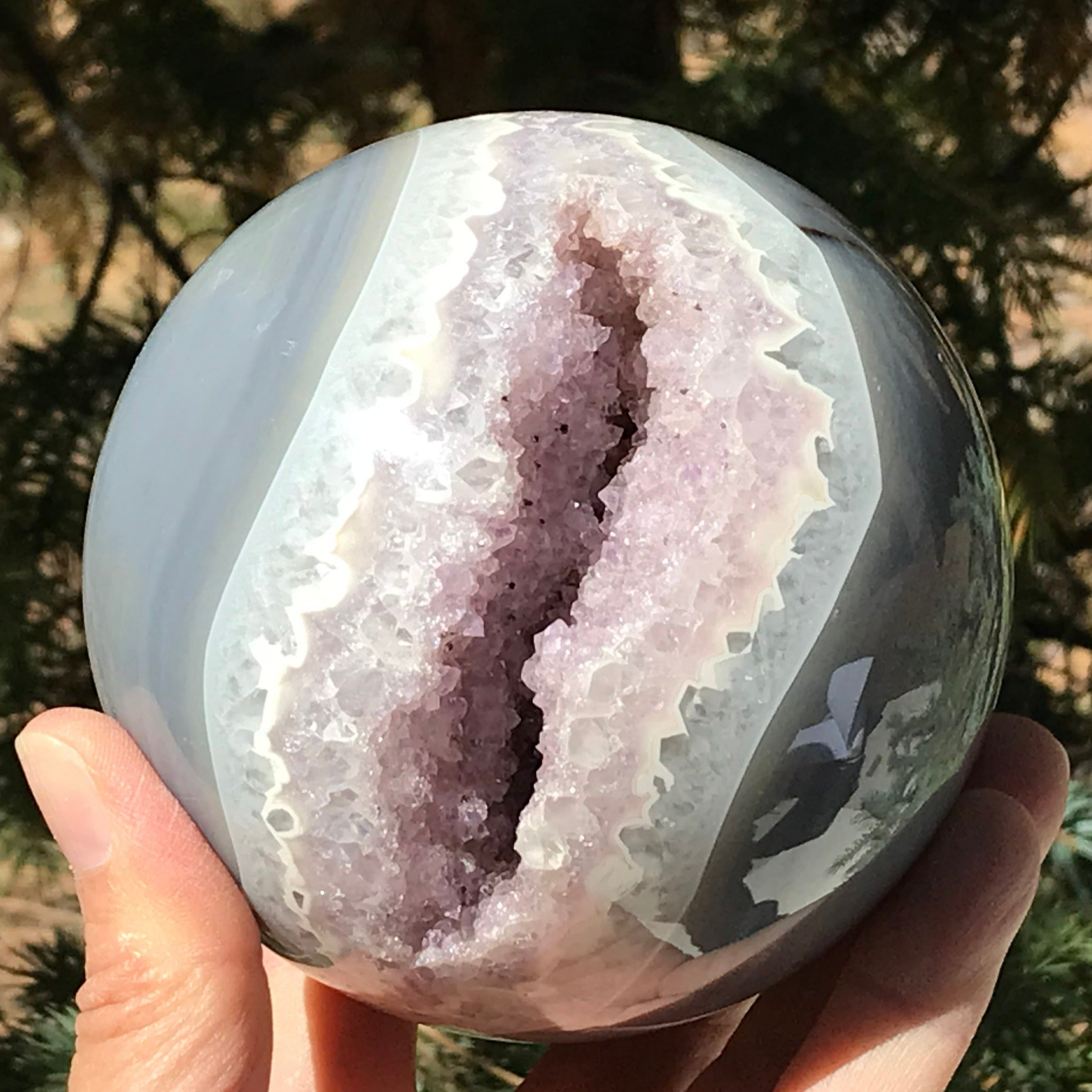 Scalloped Banded Agate and Amethyst Sphere