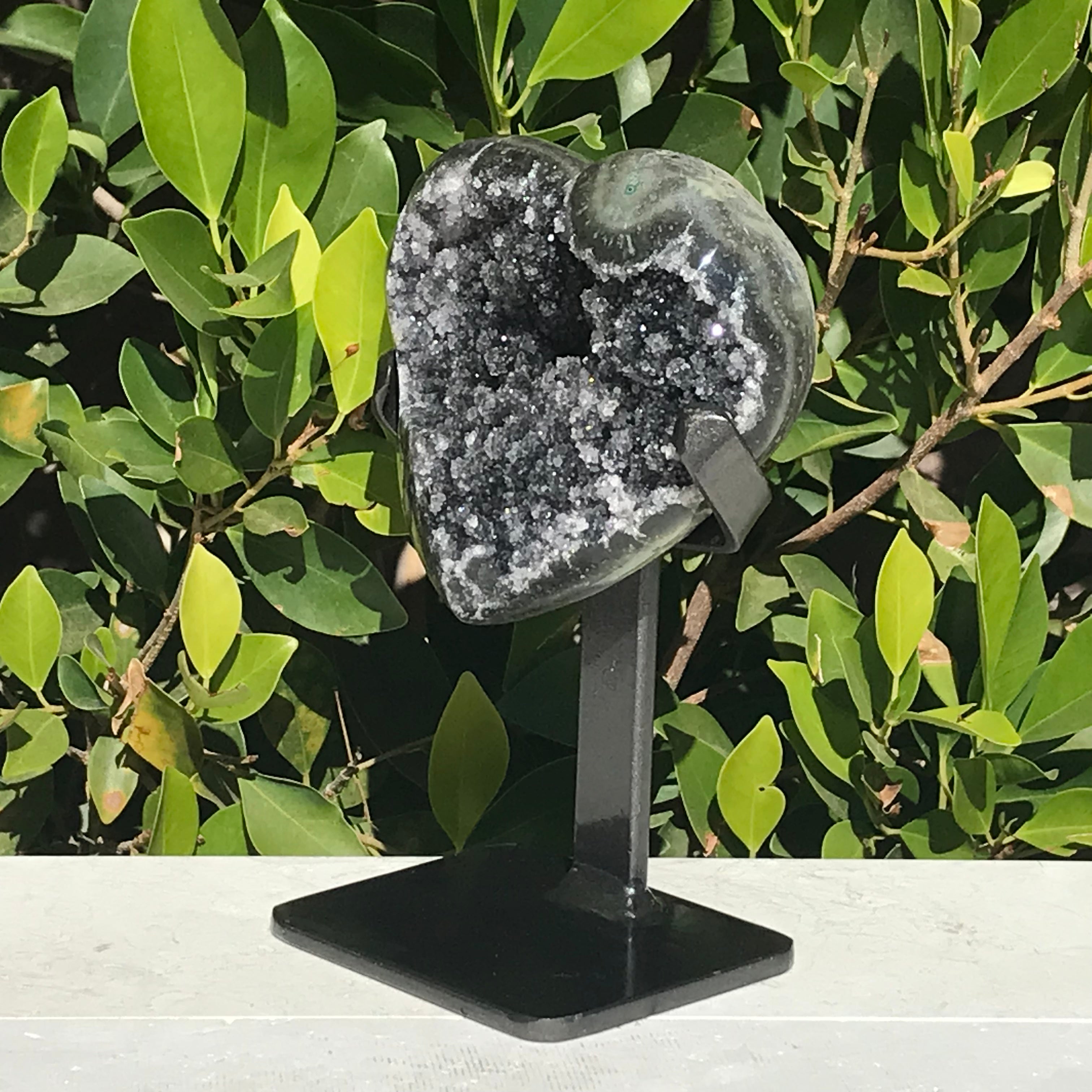 Standing Black Crystal Faced Green Agate Heart