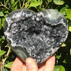 Standing Black Crystal Faced Green Agate Heart