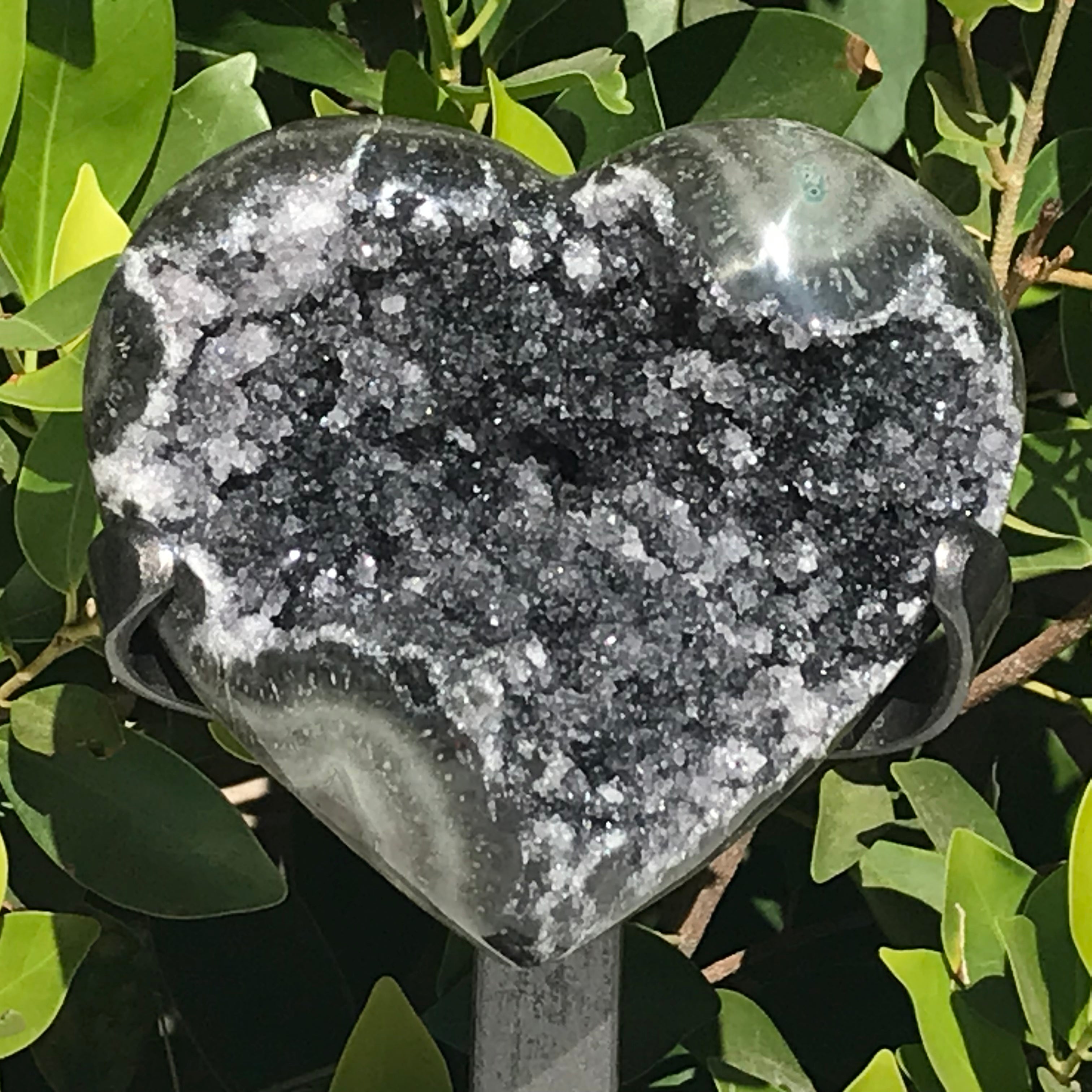 Standing Black Crystal Faced Green Agate Heart