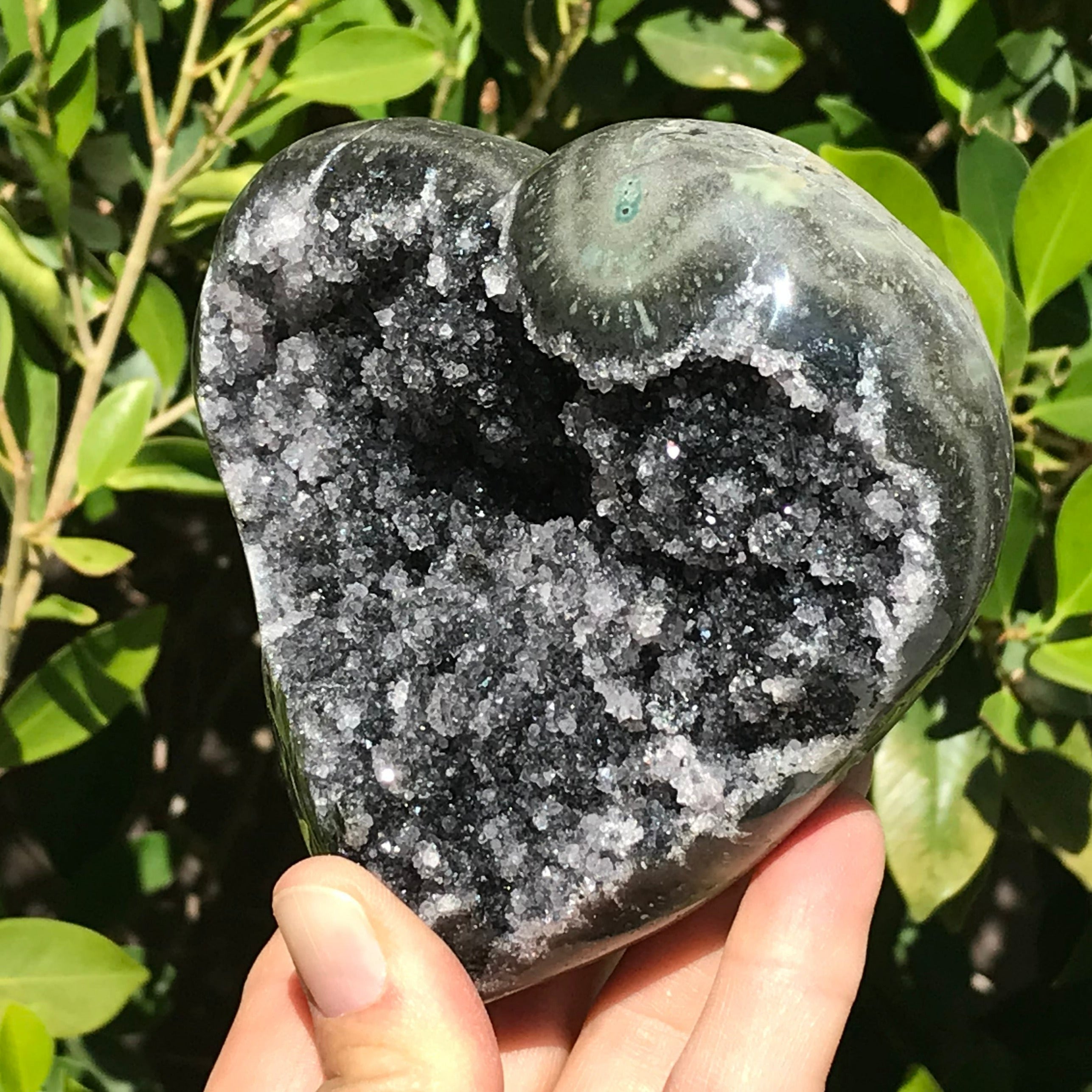 Standing Black Crystal Faced Green Agate Heart