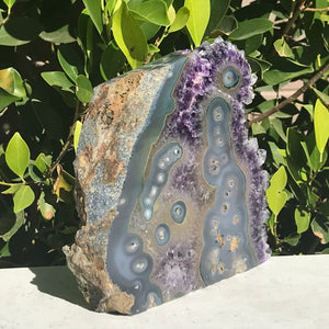 Clear Tipped Amethyst Crystal with Agate Slab