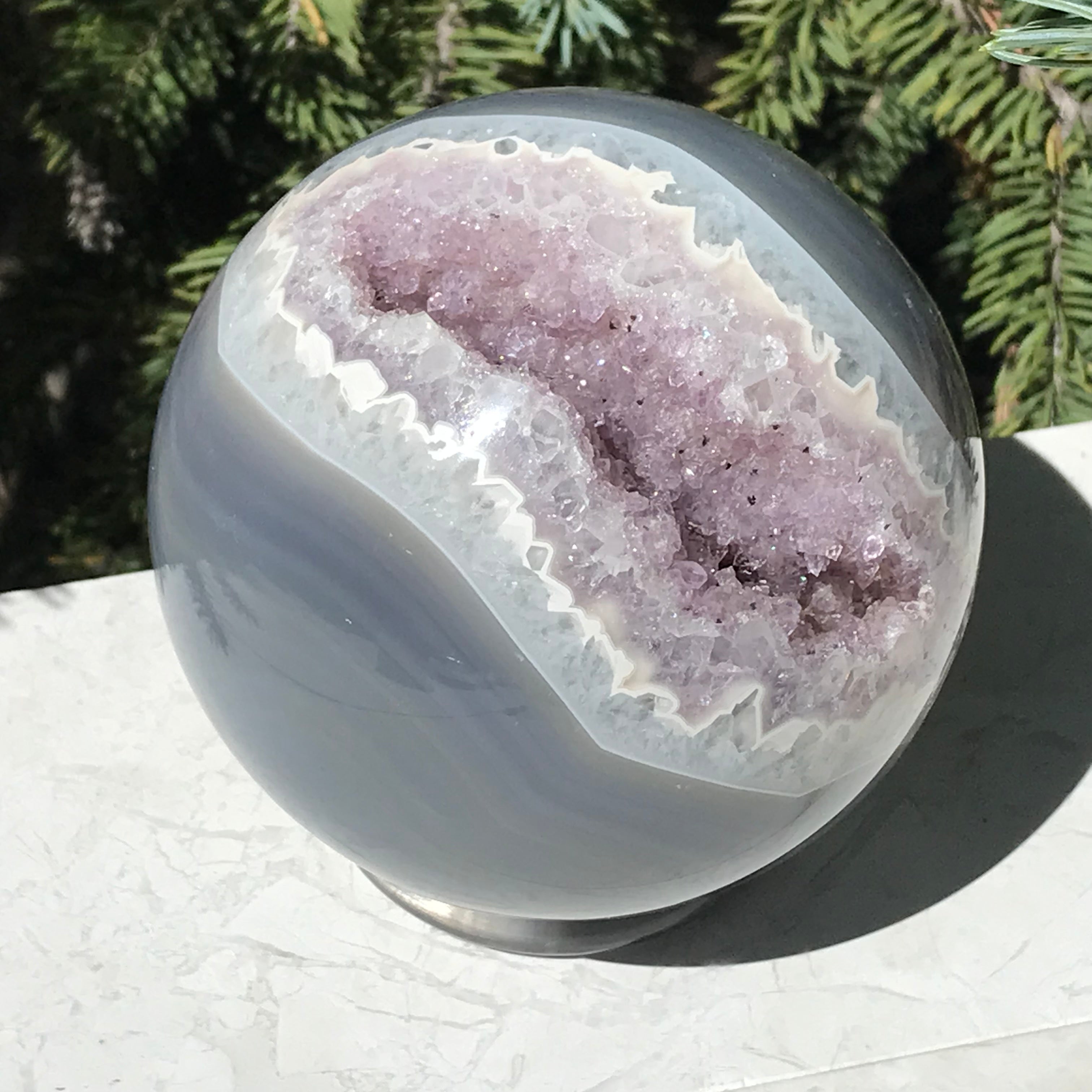 Scalloped Banded Agate and Amethyst Sphere