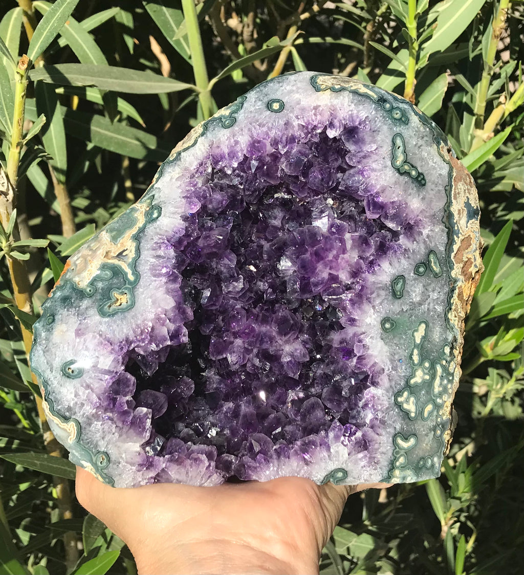 Amethyst Geode with Green Agate Eyes