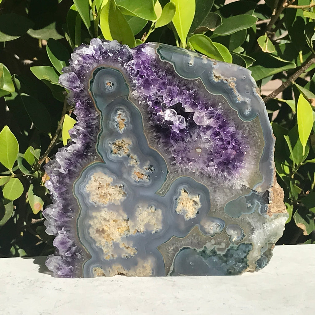 Clear Tipped Amethyst Crystal with Agate Slab