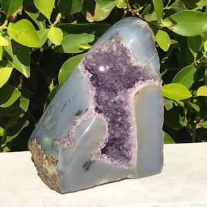 Polished Blue Agate with Amethyst Geode