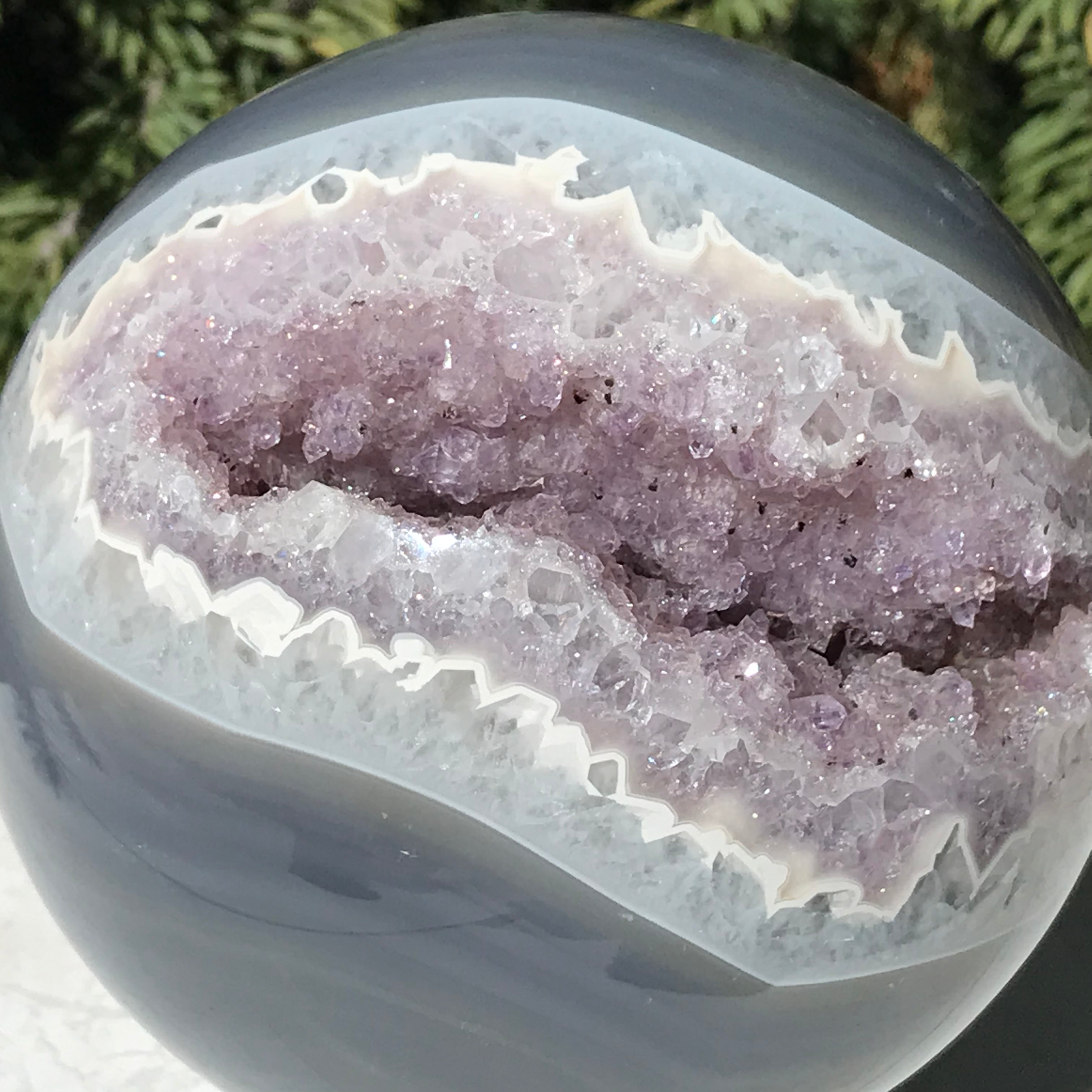 Scalloped Banded Agate and Amethyst Sphere