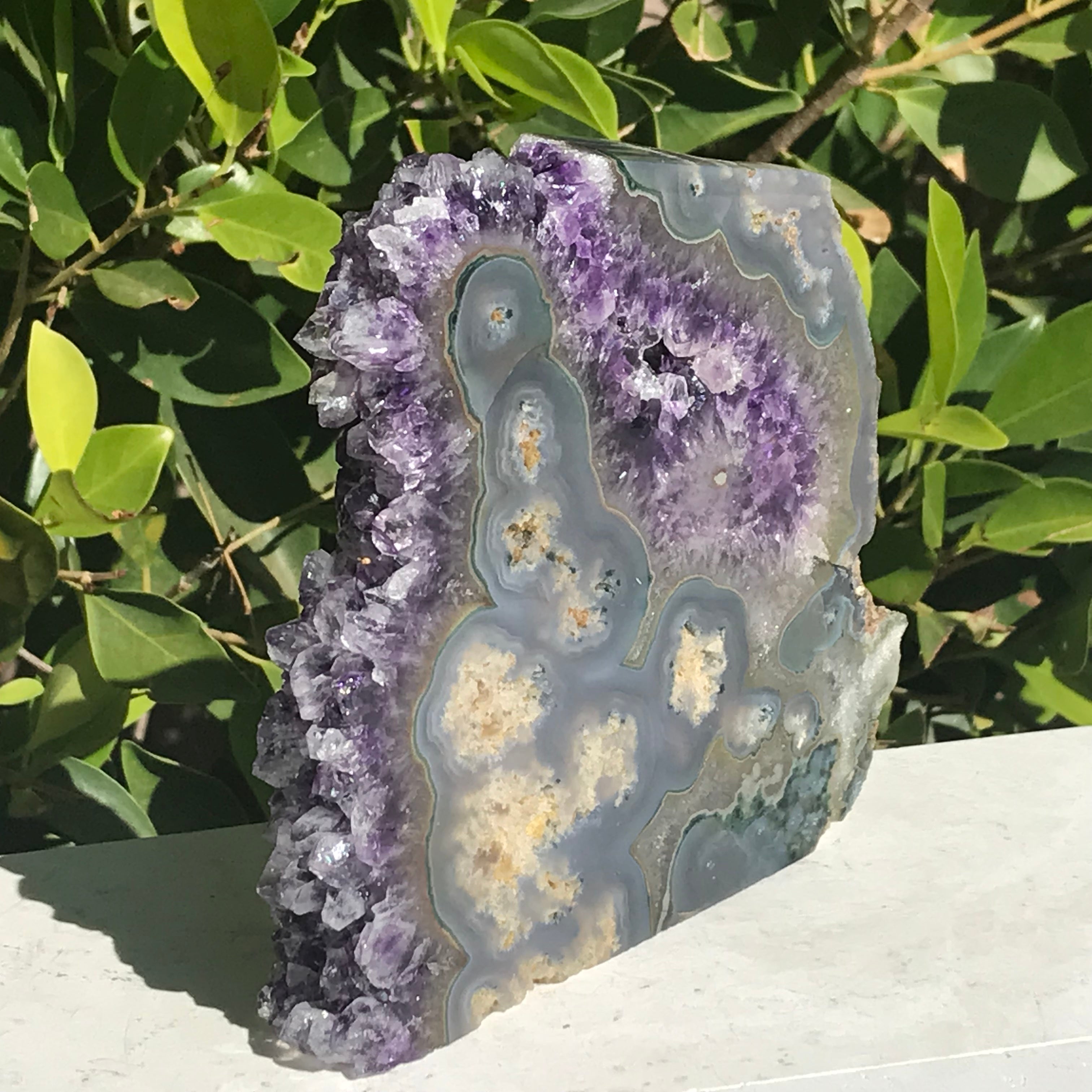 Clear Tipped Amethyst Crystal with Agate Slab