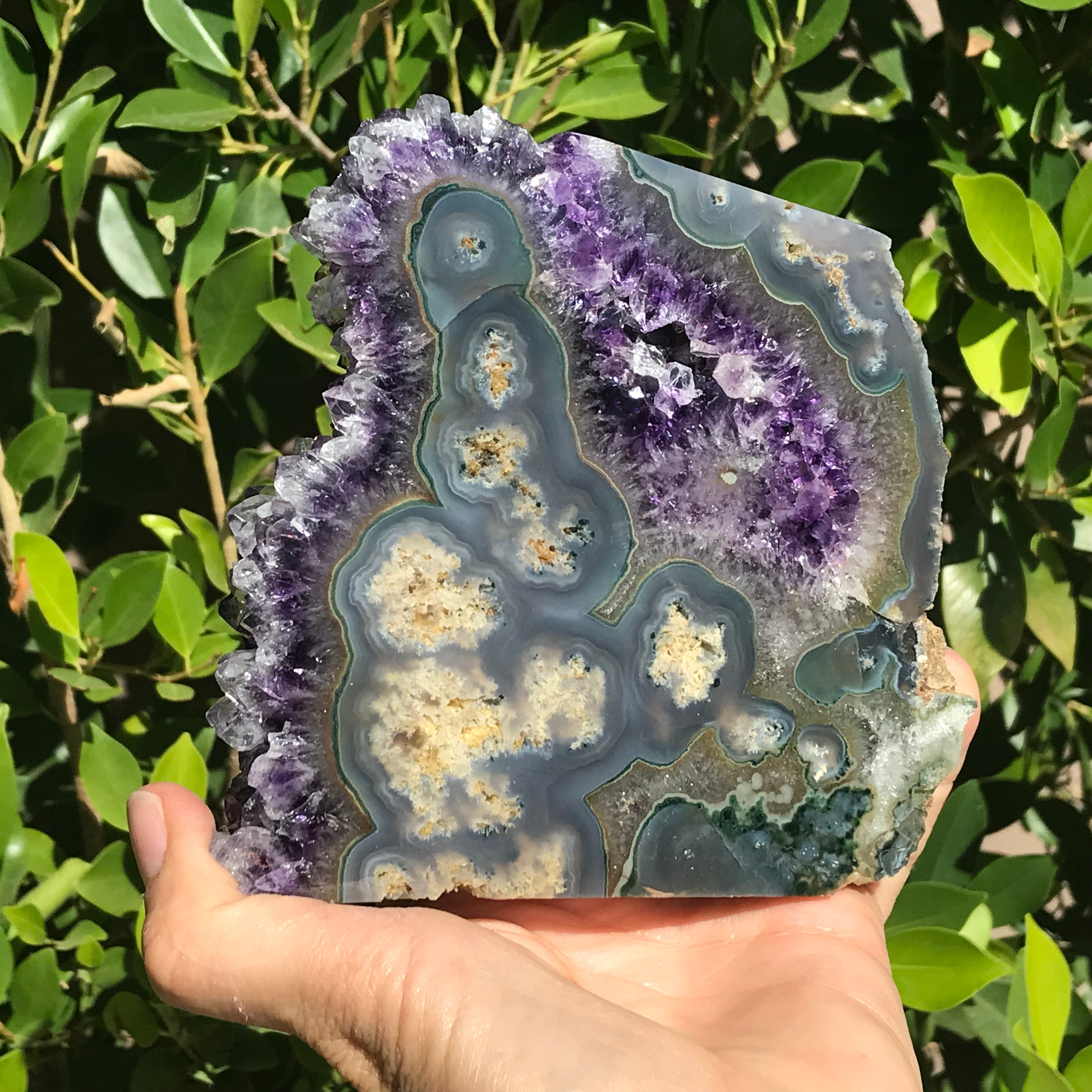 Clear Tipped Amethyst Crystal with Agate Slab