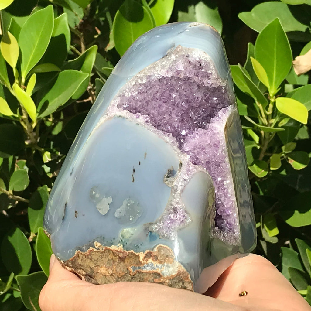 Polished Blue Agate with Amethyst Geode