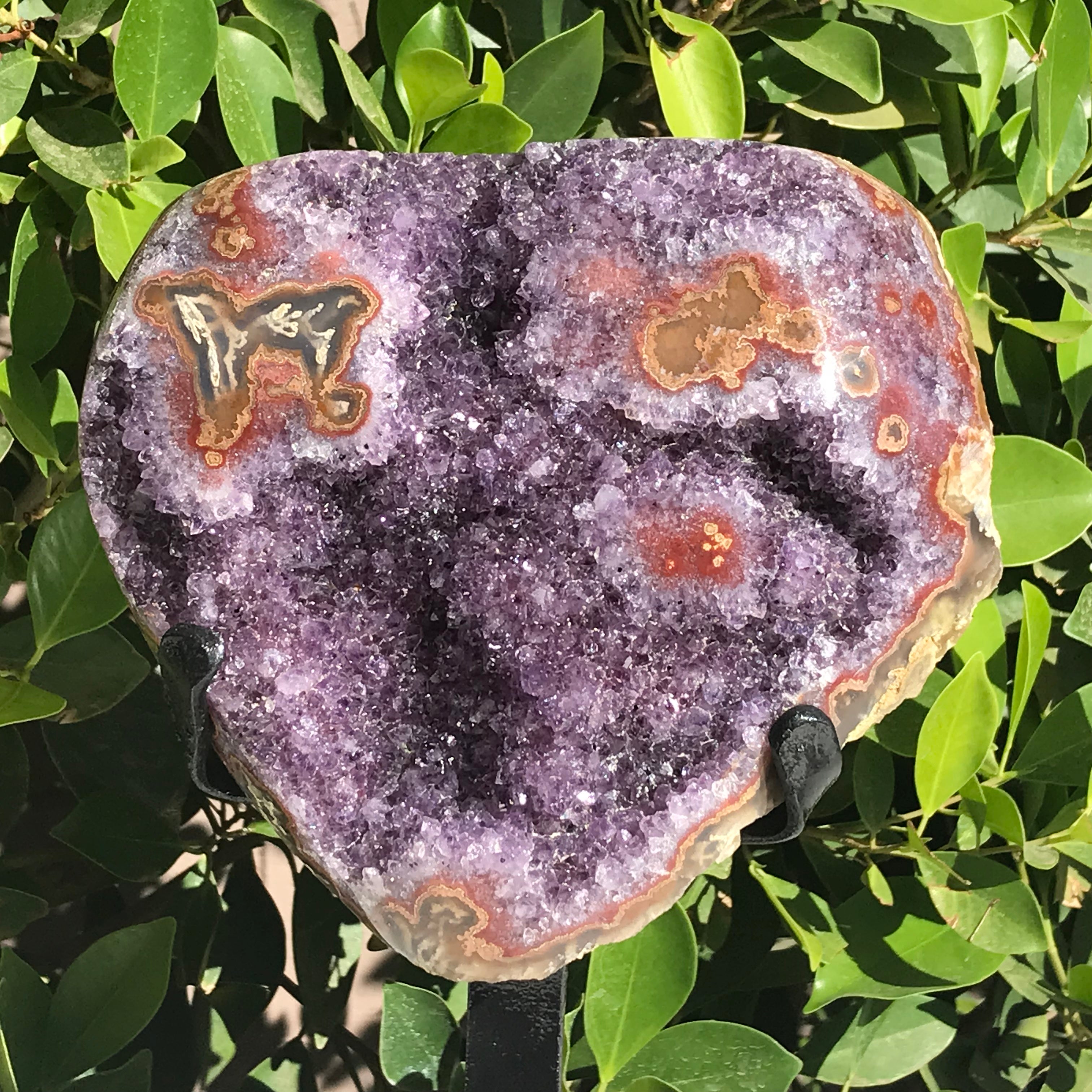 Ornate Red and Orange Agate Embellished Amethyst Plate