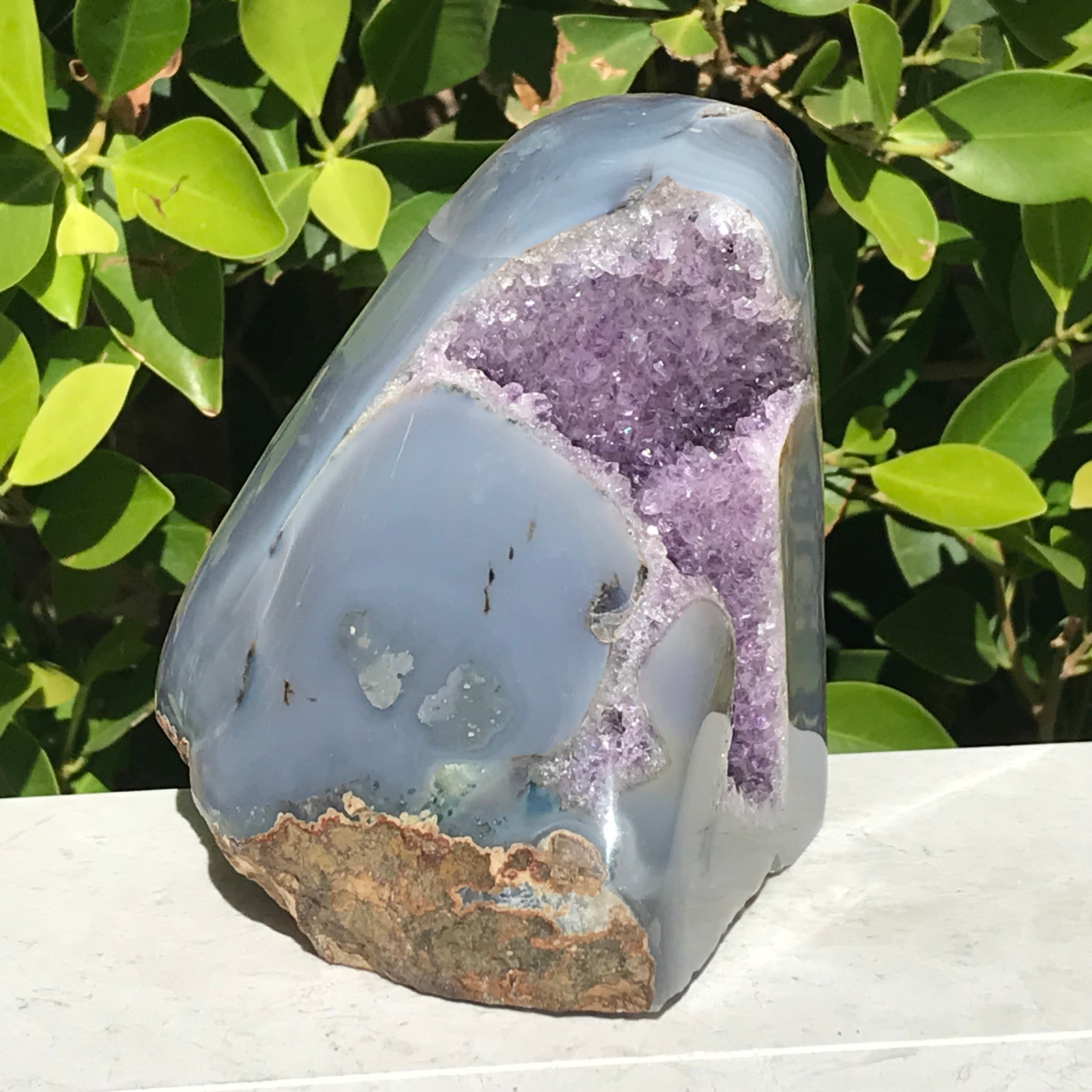Polished Blue Agate with Amethyst Geode
