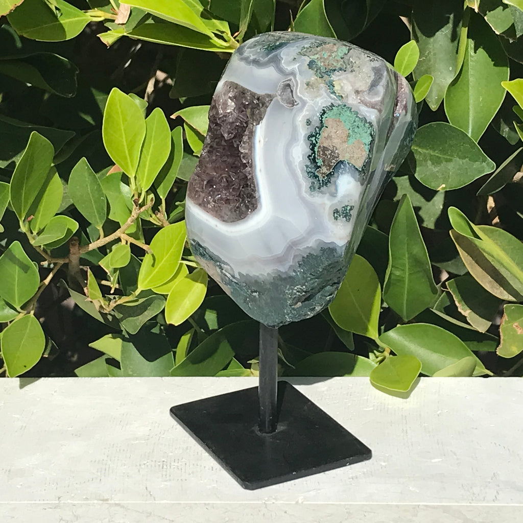 Standing Light Blue Agate and Amethyst Geode
