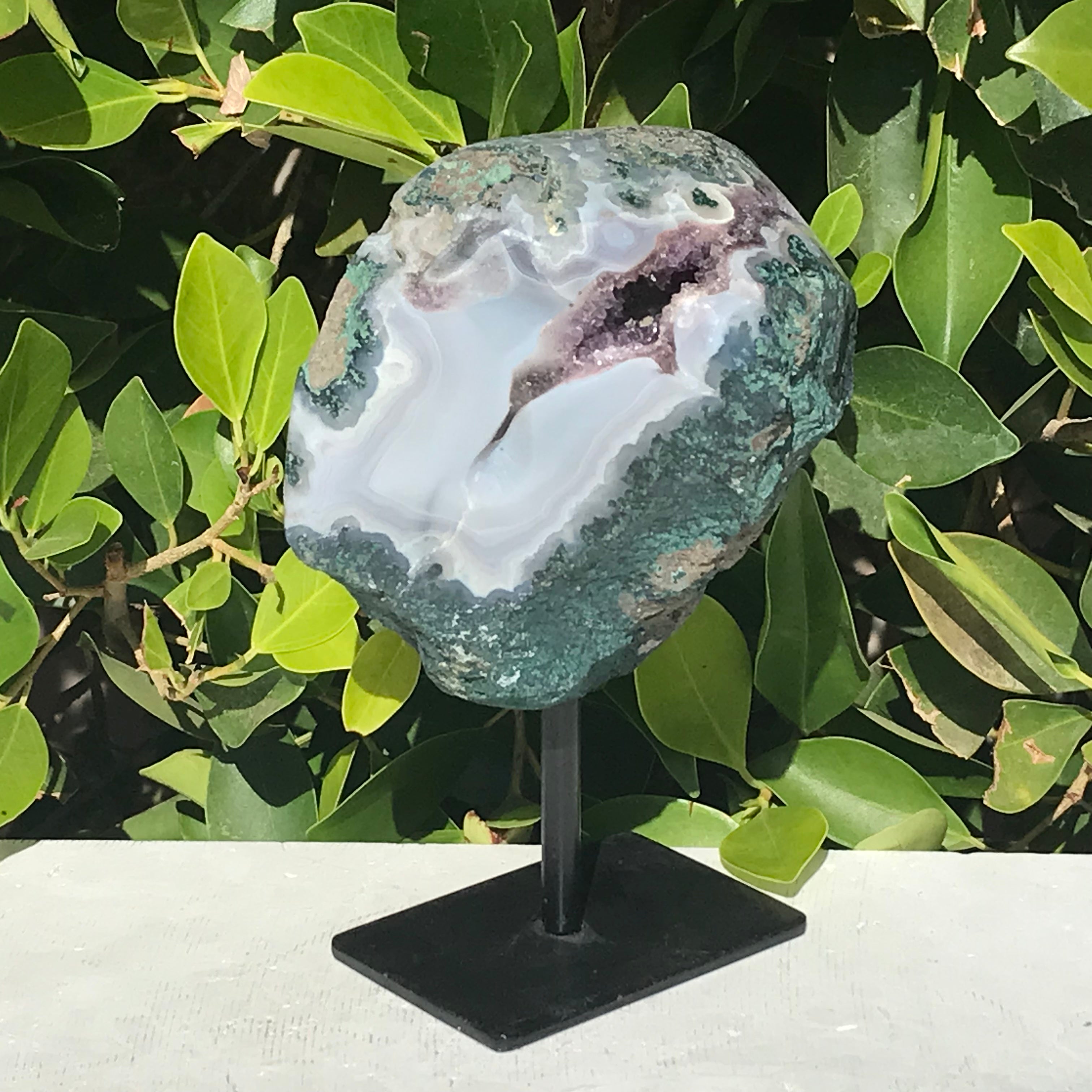 Standing Light Blue Agate and Amethyst Geode