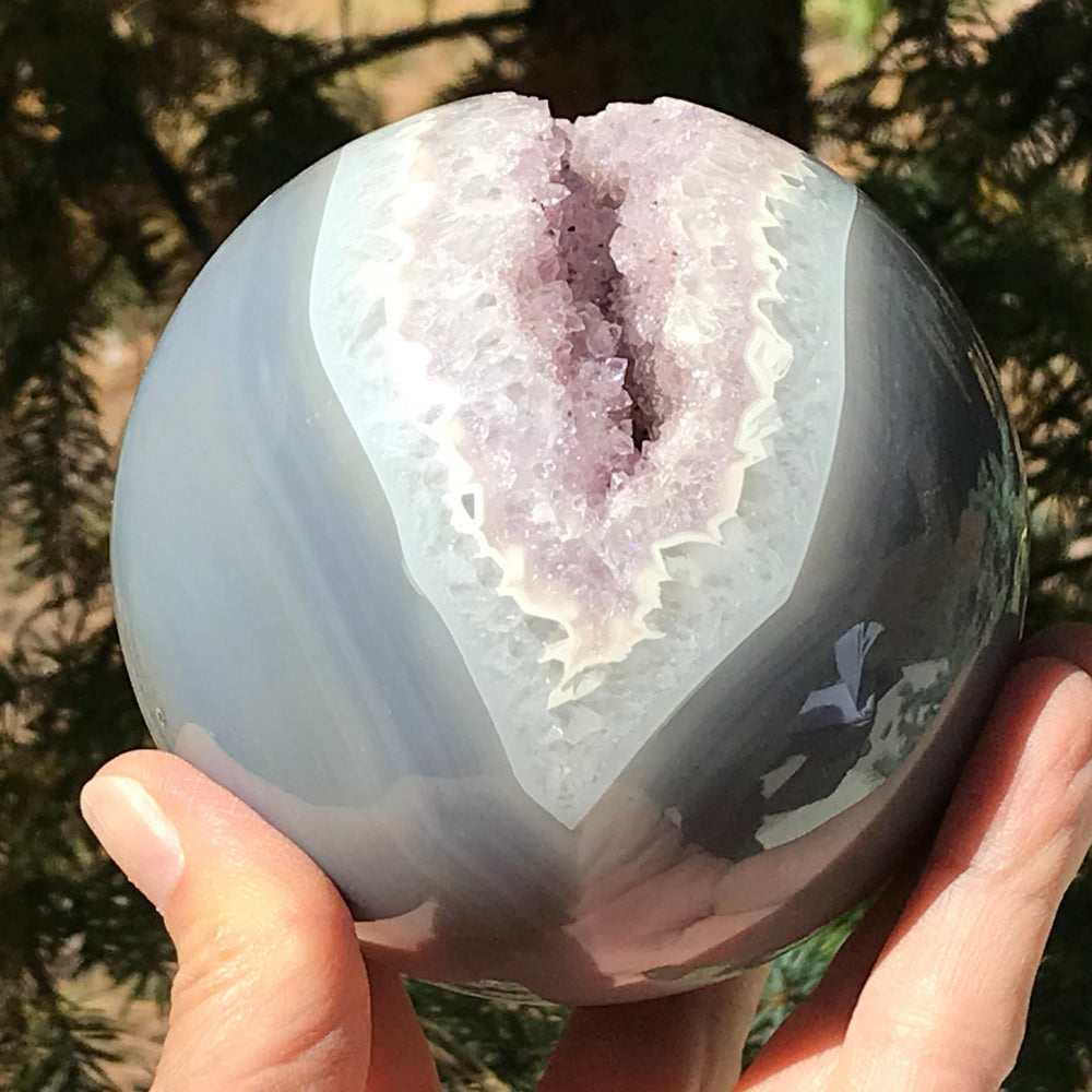 Scalloped Banded Agate and Amethyst Sphere