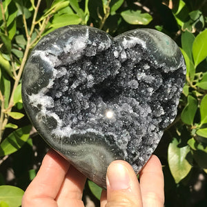 Standing Black Crystal Faced Green Agate Heart