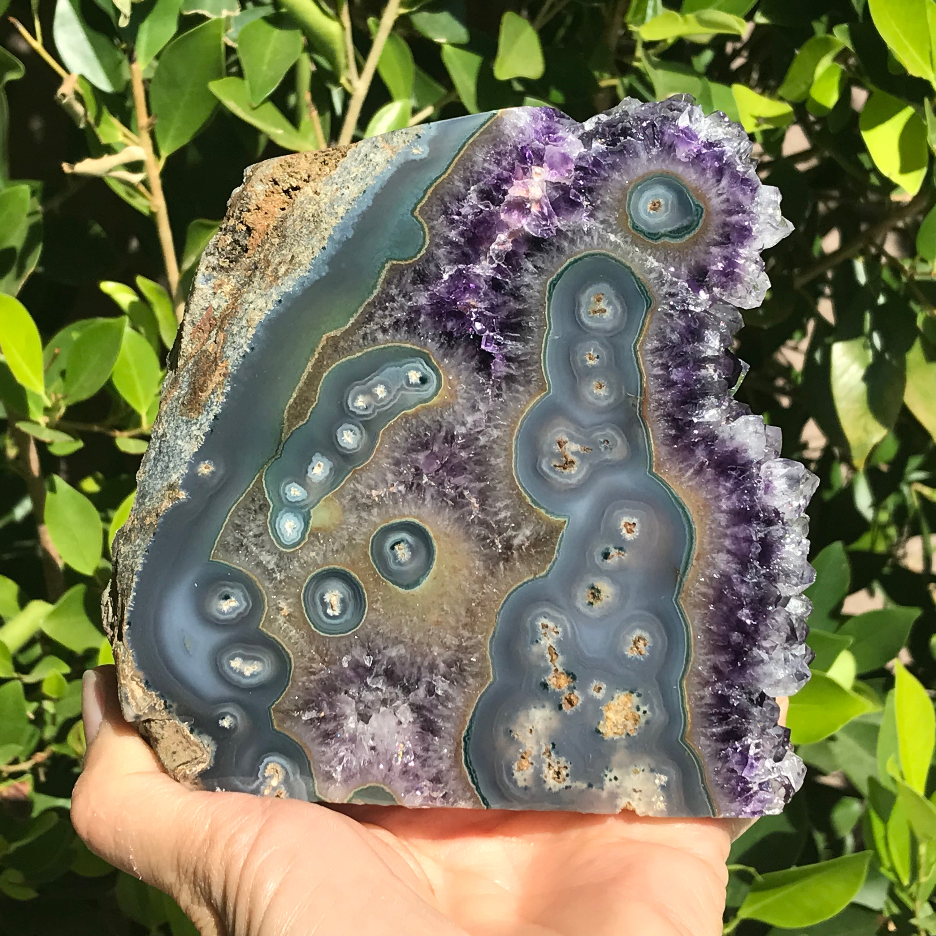 Clear Tipped Amethyst Crystal with Agate Slab