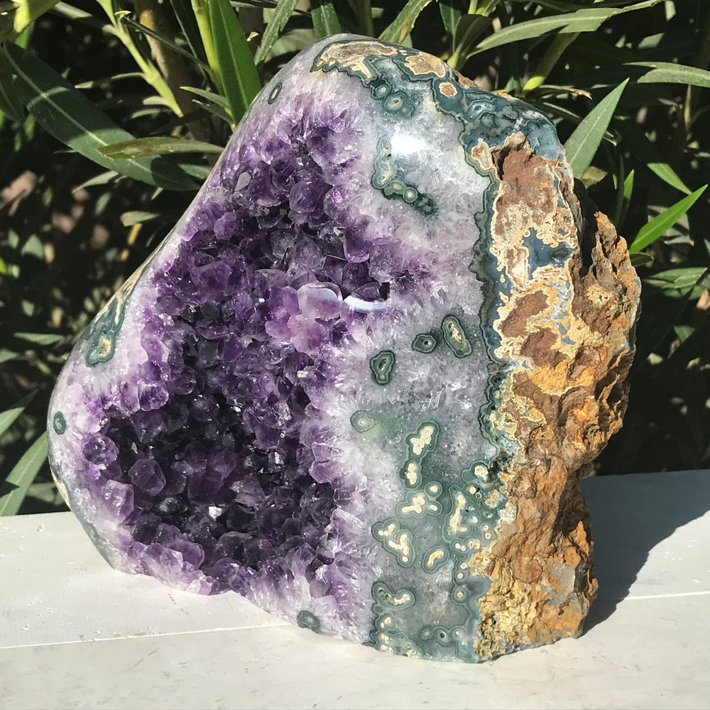 Amethyst Geode with Green Agate Eyes