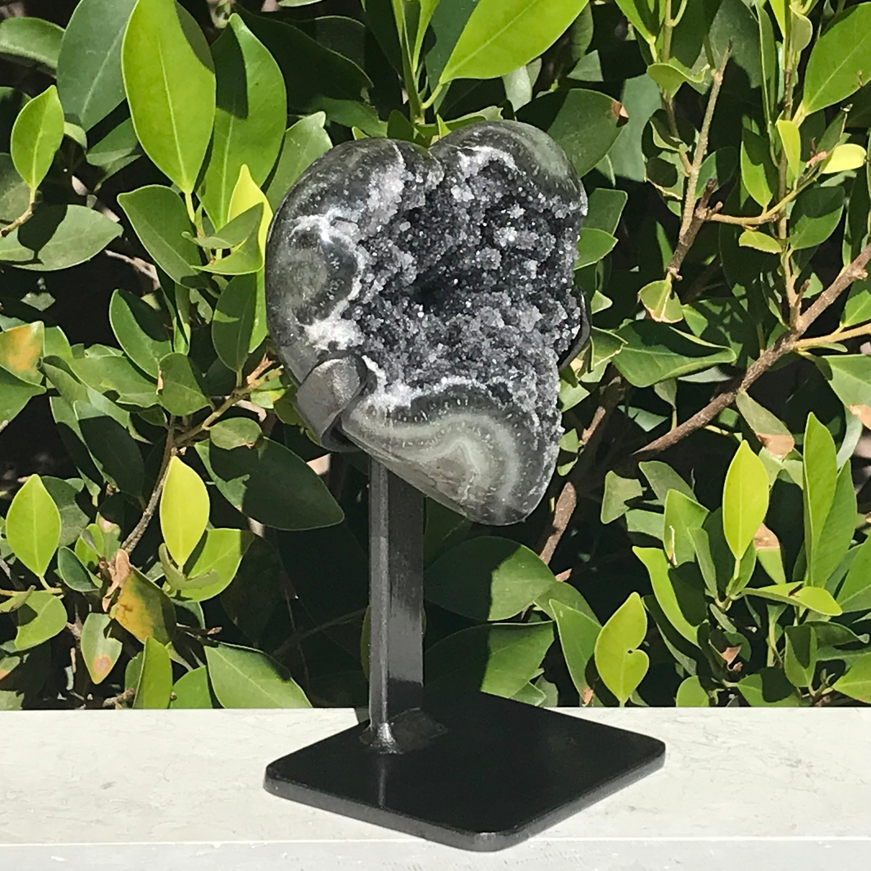 Standing Black Crystal Faced Green Agate Heart