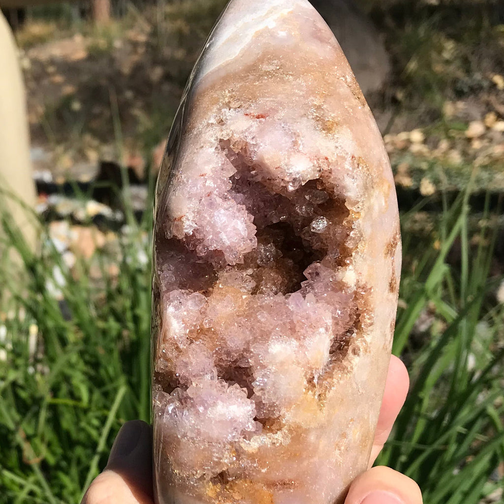 Quartz Crystals over Rose Jasper Geode
