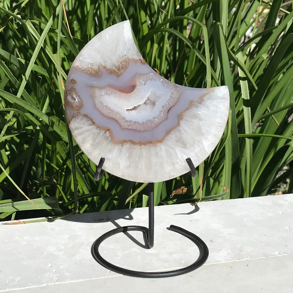 Translucent Banded Blue Agate and Quartz Crystal Moon Sculpture