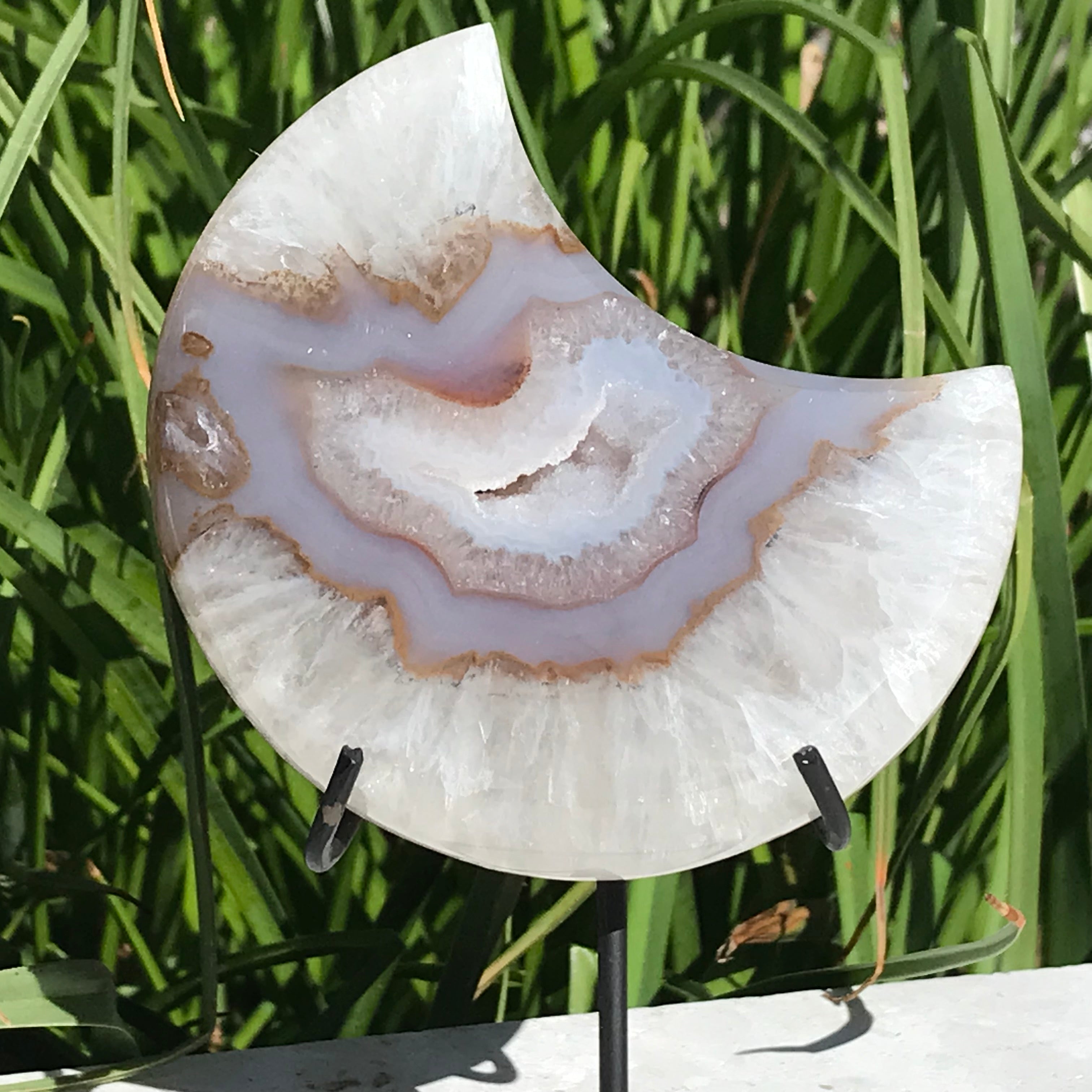 Translucent Banded Blue Agate and Quartz Crystal Moon Sculpture