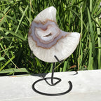 Translucent Banded Blue Agate and Quartz Crystal Moon Sculpture