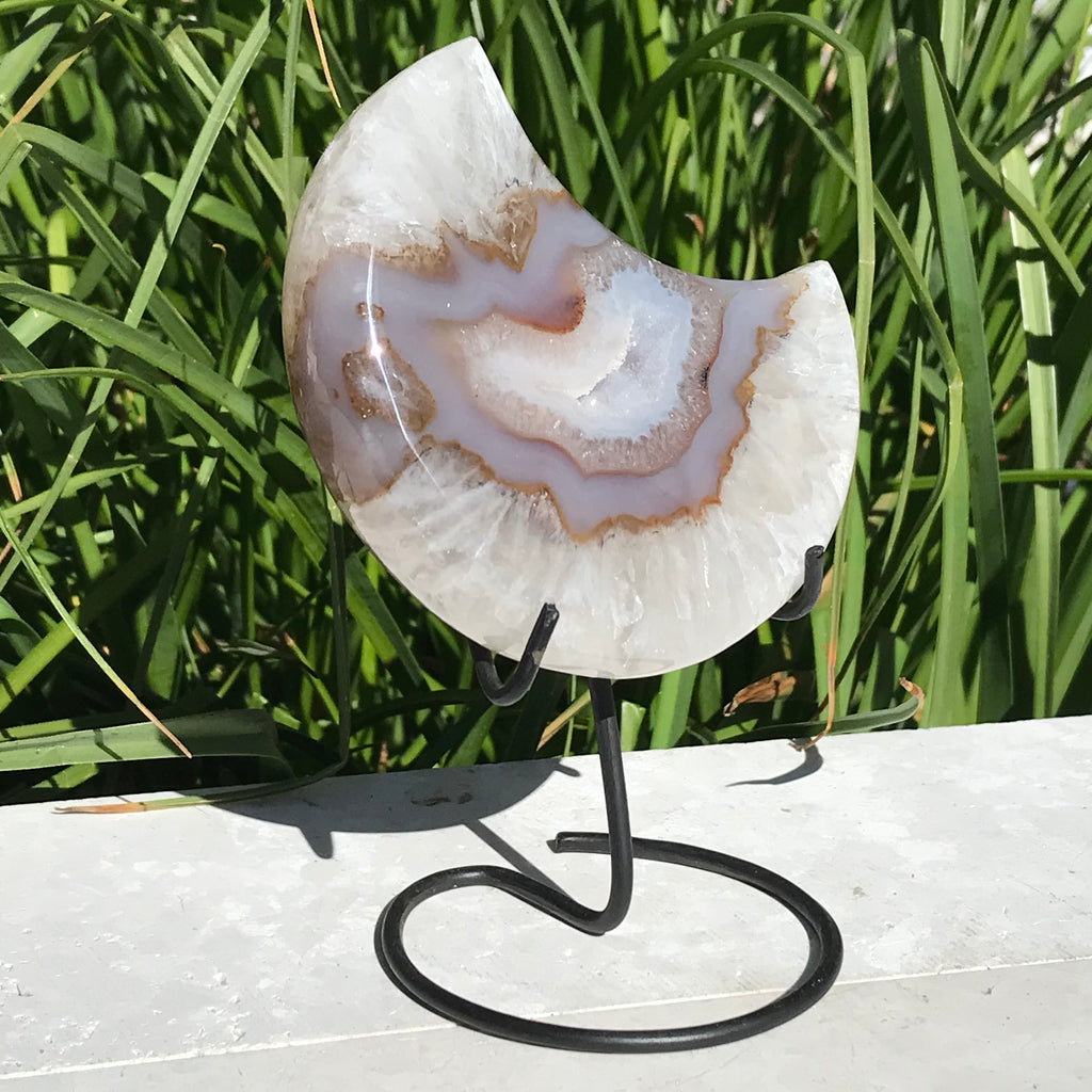 Translucent Banded Blue Agate and Quartz Crystal Moon Sculpture