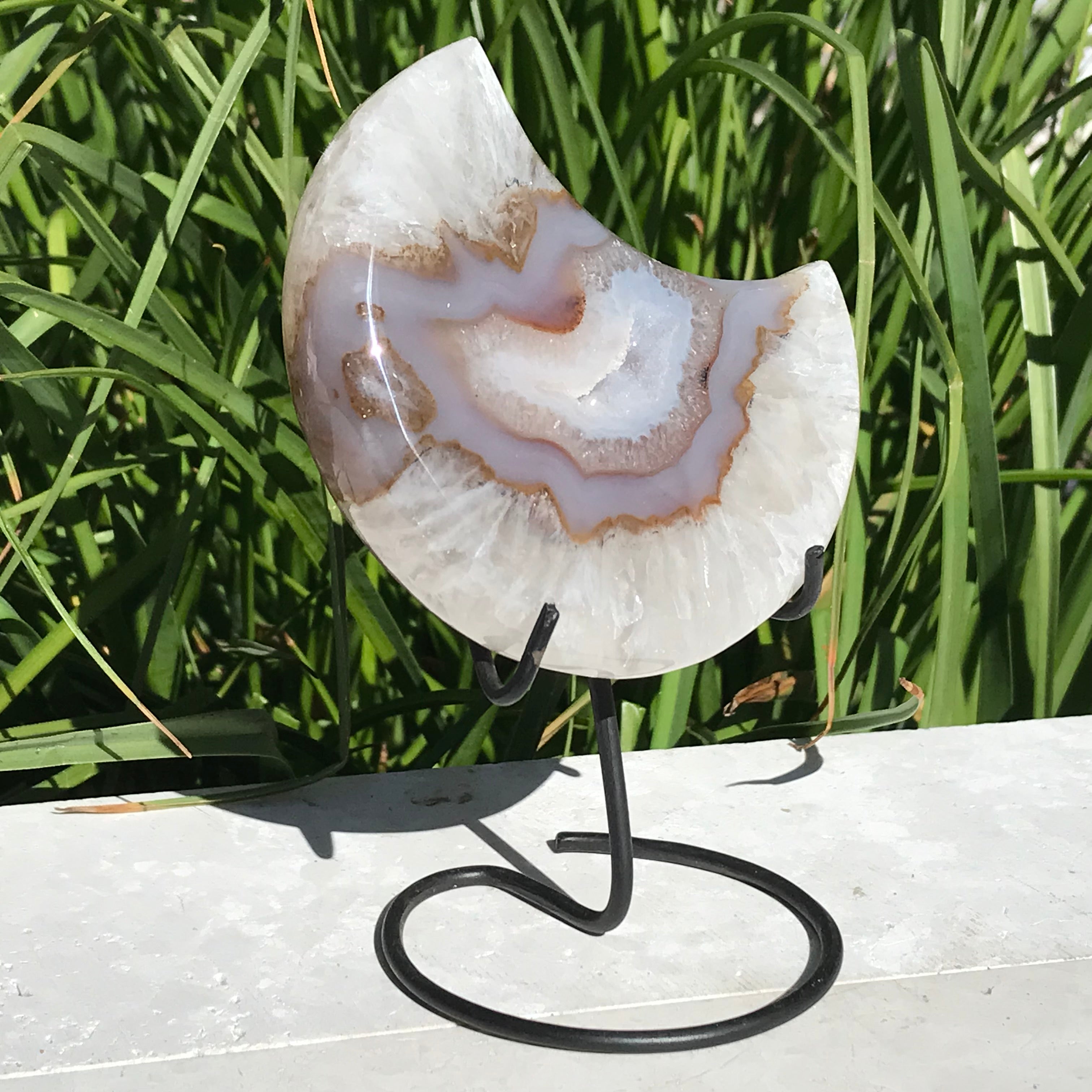 Translucent Banded Blue Agate and Quartz Crystal Moon Sculpture