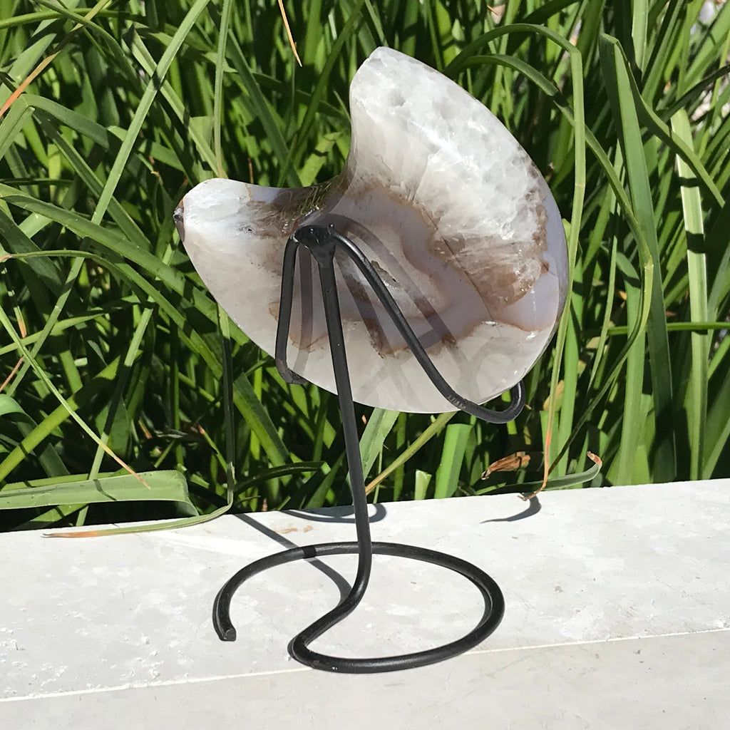 Translucent Banded Blue Agate and Quartz Crystal Moon Sculpture