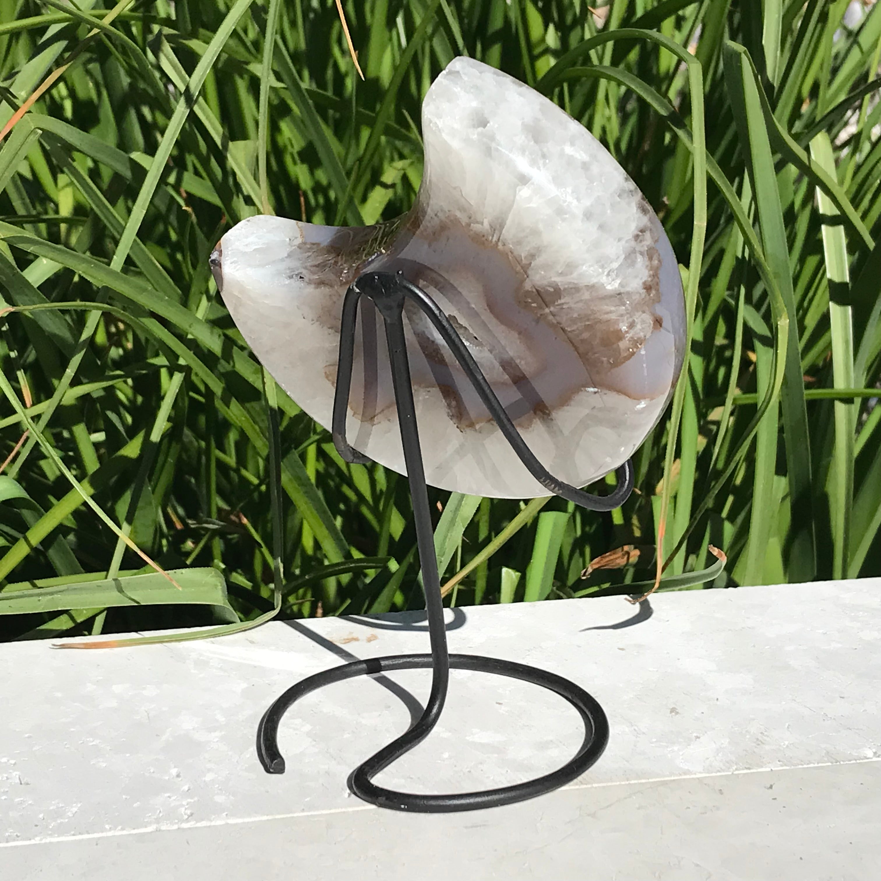 Translucent Banded Blue Agate and Quartz Crystal Moon Sculpture