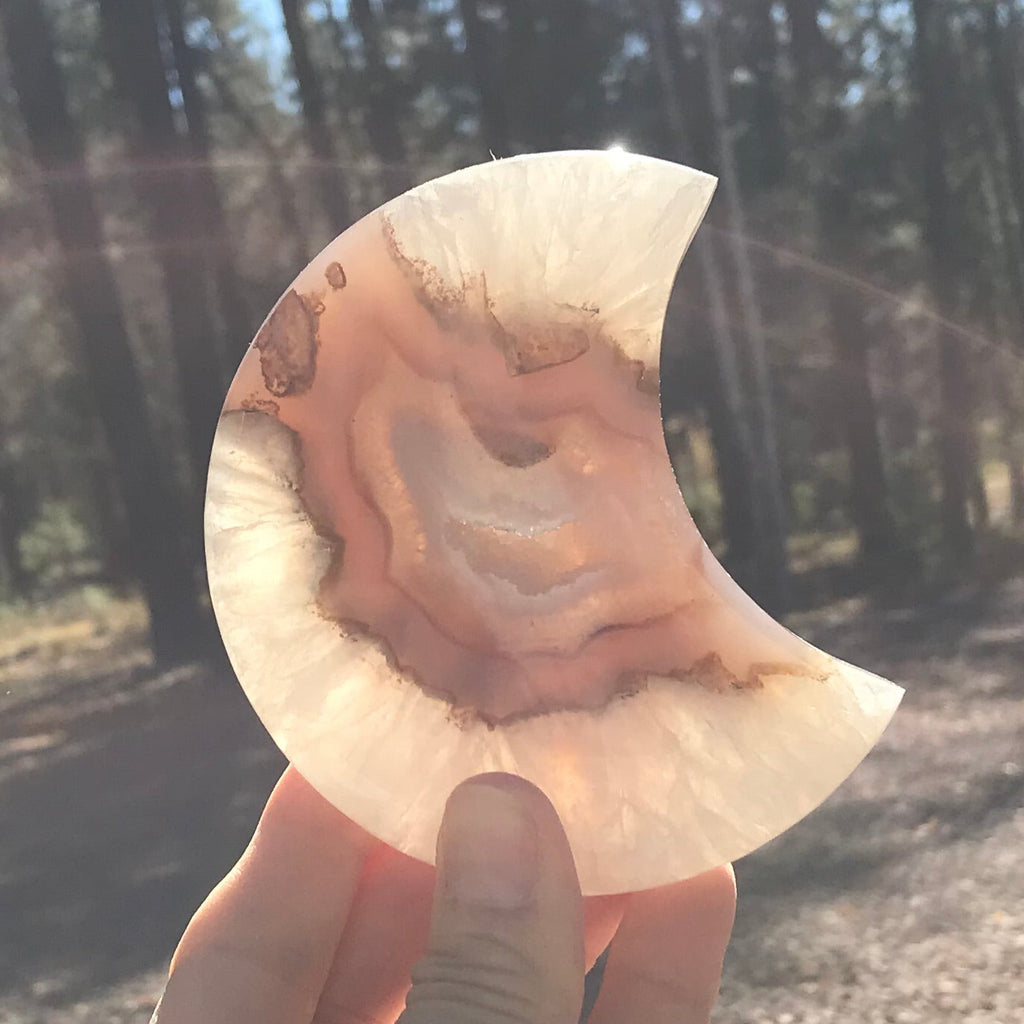 Translucent Banded Blue Agate and Quartz Crystal Moon Sculpture