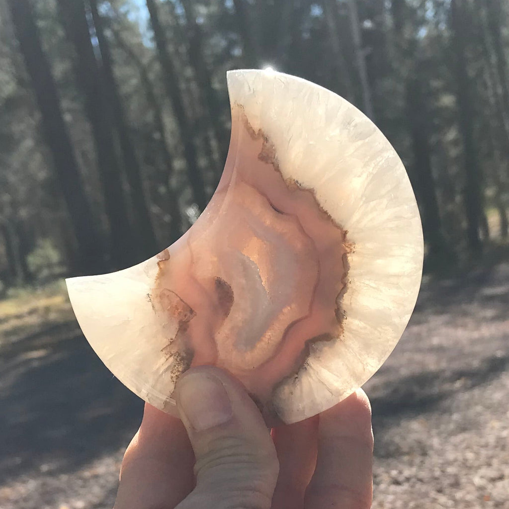 Translucent Banded Blue Agate and Quartz Crystal Moon Sculpture