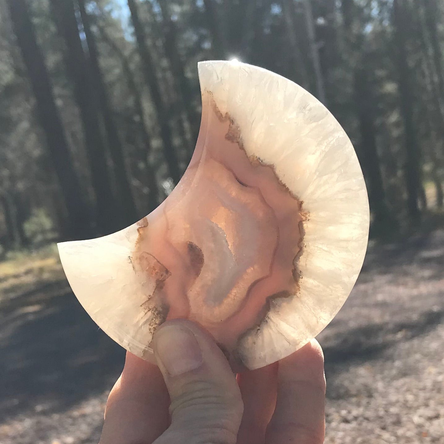 Translucent Banded Blue Agate and Quartz Crystal Moon Sculpture