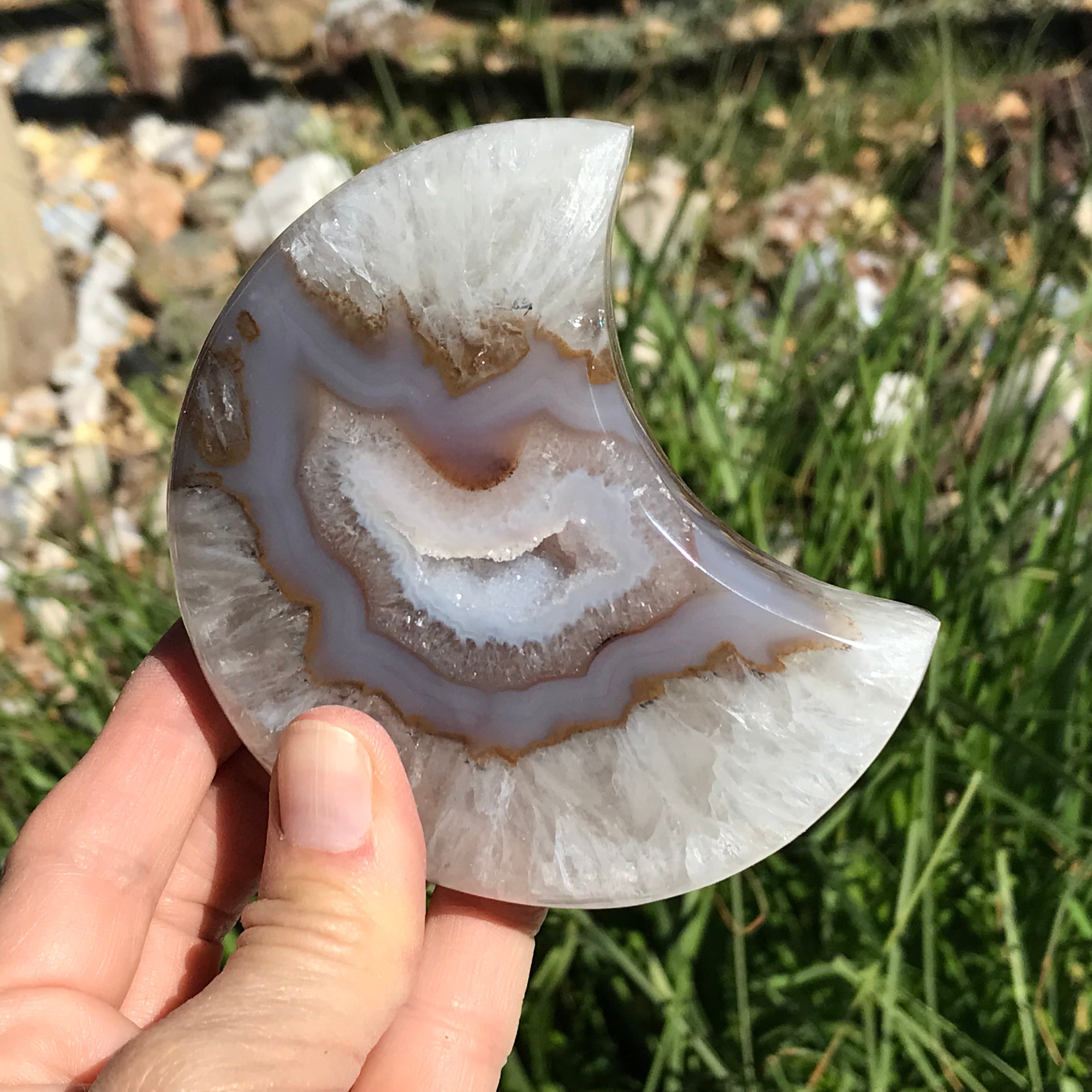 Translucent Banded Blue Agate and Quartz Crystal Moon Sculpture