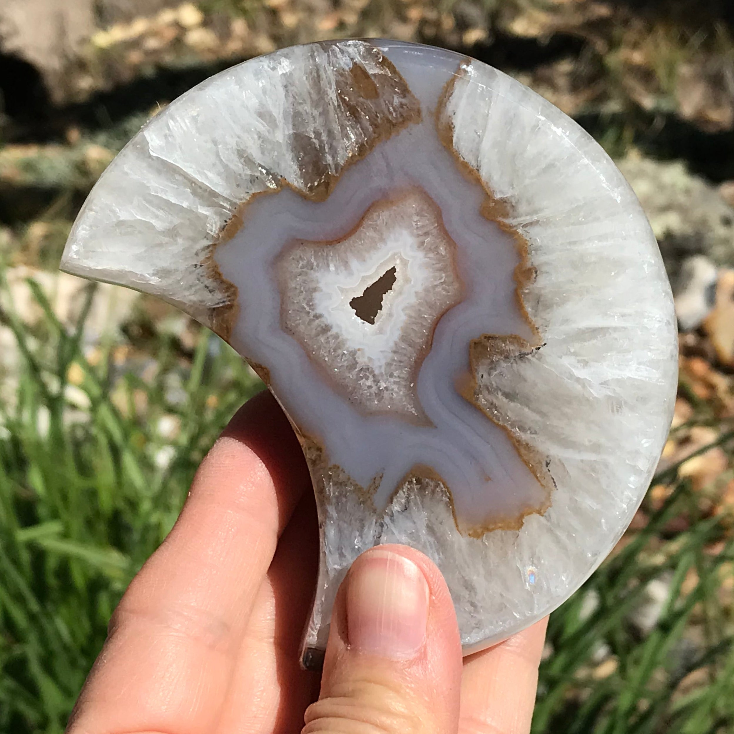 Translucent Banded Blue Agate and Quartz Crystal Moon Sculpture