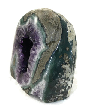 Green Banded Agate with Amethyst Crystals Geode