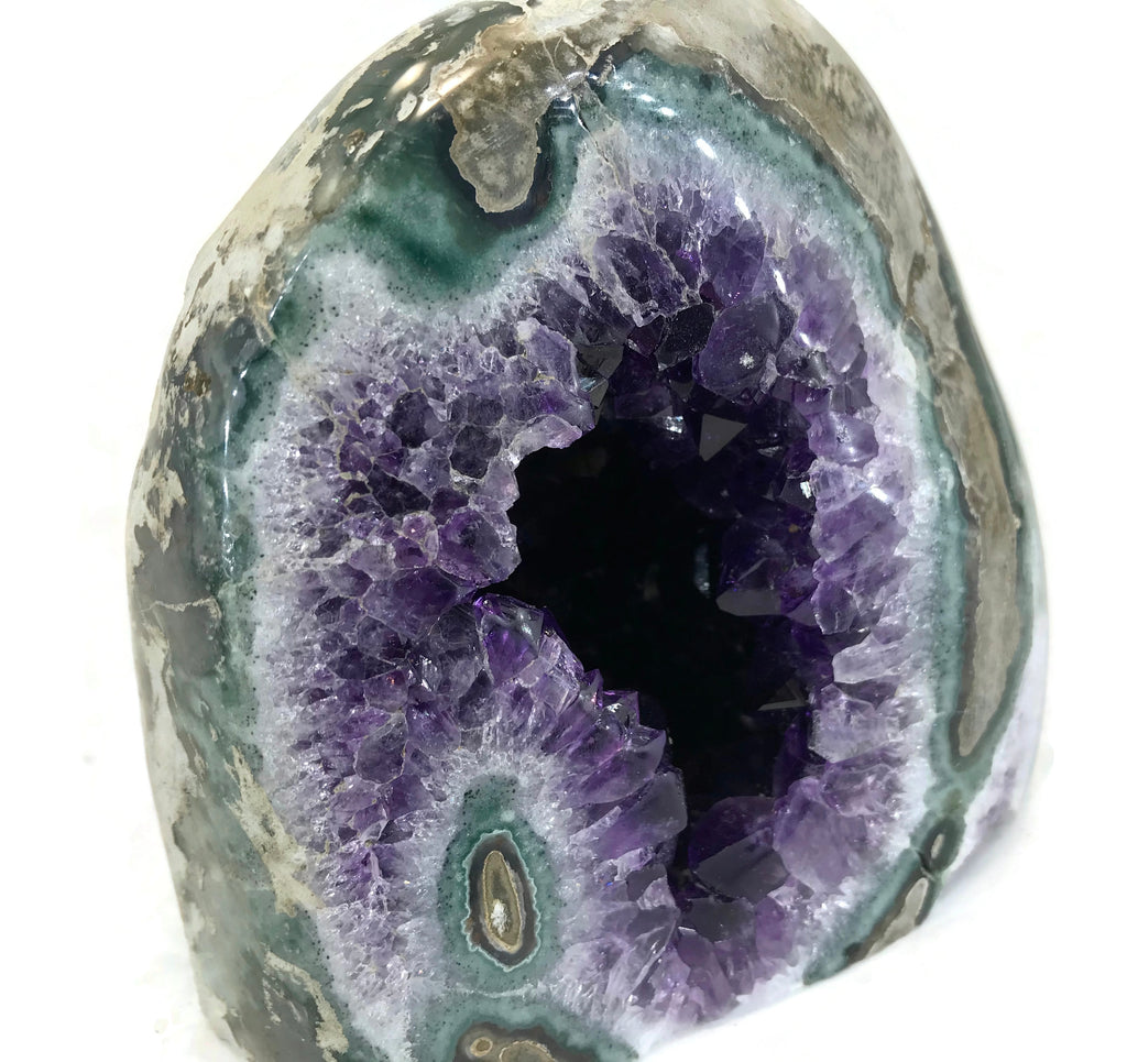 Green Banded Agate with Amethyst Crystals Geode