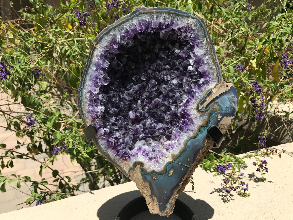 Standing Amethyst Geode with Banded Agate Frame