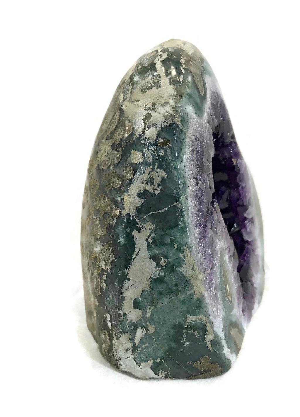 Green Banded Agate with Amethyst Crystals Geode